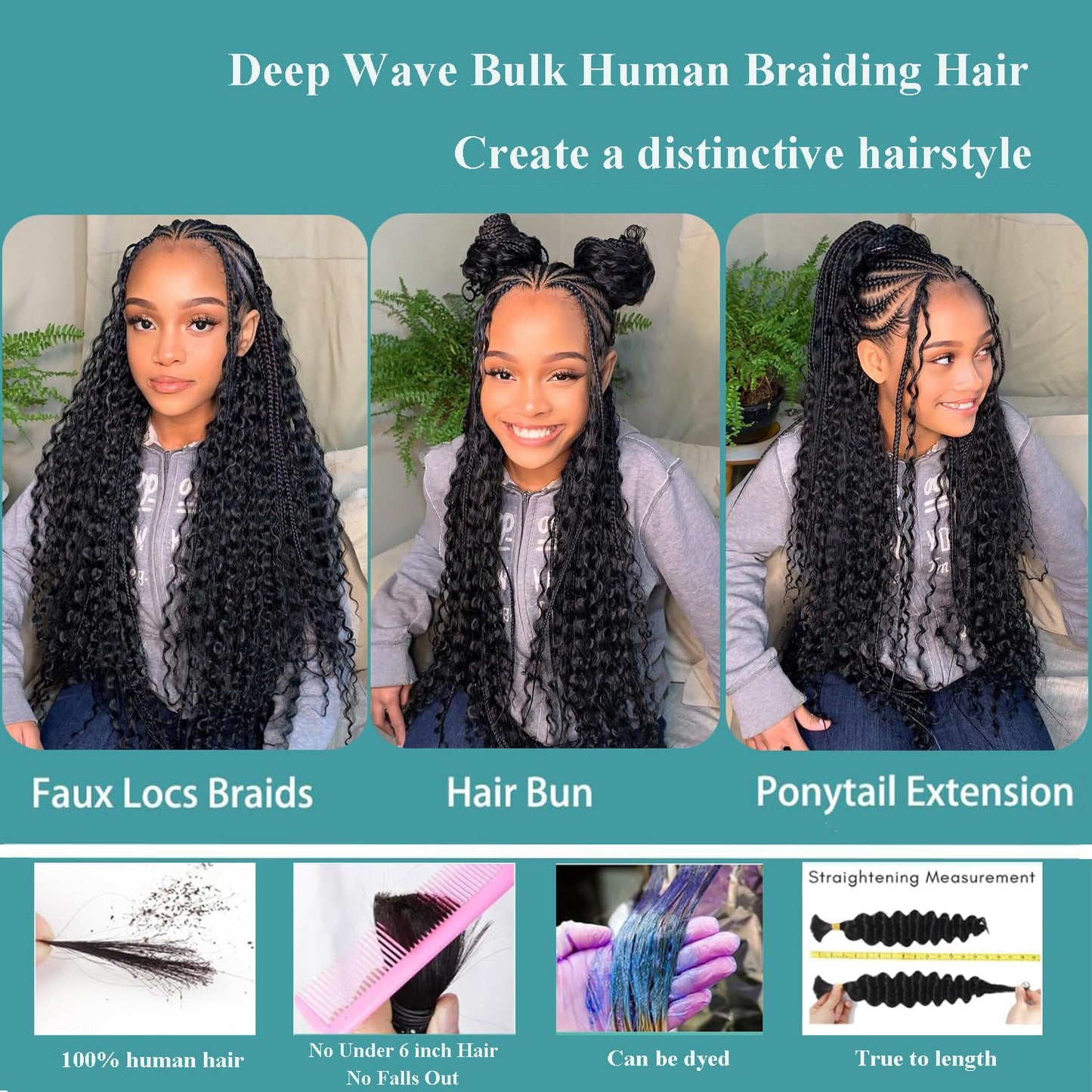 Human Braiding Hair for Boho Braids Deep Water Wave Bulk Human Hair 110g 16 Inch Curly Hair for Boho Braids Extensions No Weft 12A Wet and Wavy Human Hair Braiding Hair 2 Bundles/Pack Natural Color