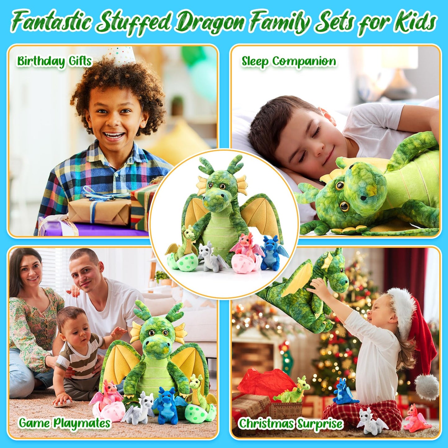 Arrowbash 7 Pcs Dragon Plush Toys Gift Set 15.75" Large Dragon Mom Stuffed Animal with 4 Cute Babies and 2 Eggs in Mommy's Belly for Kids Birthday Christmas Classroom Prizes(Green)