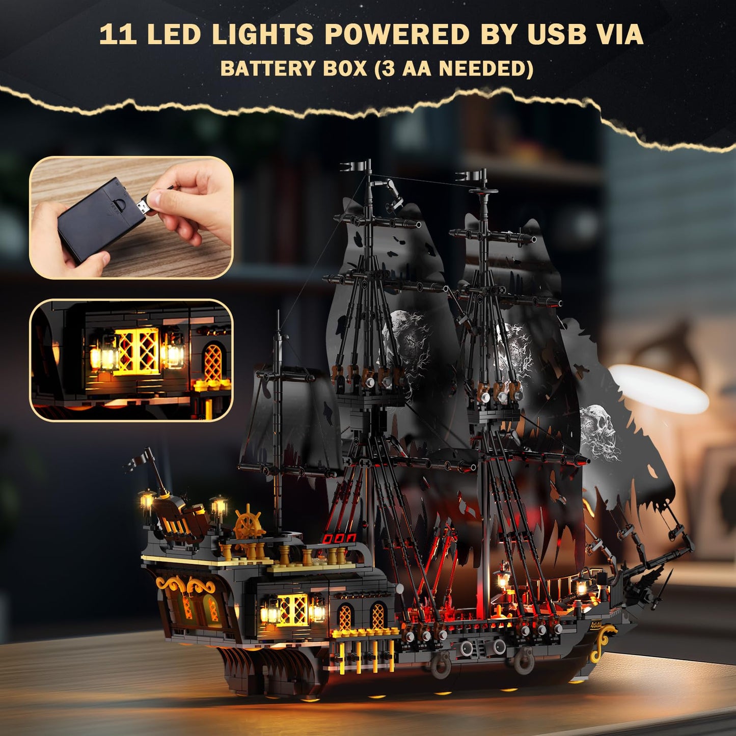JMBricklayer Pirate Ship Building Toys with Lights, Pearl Pirate Ship Model Boat Kit 40002, Black Ship Toy Building Sets for Adult Teens 14+, Home Office Decor(1713 PCS) New Upgrade