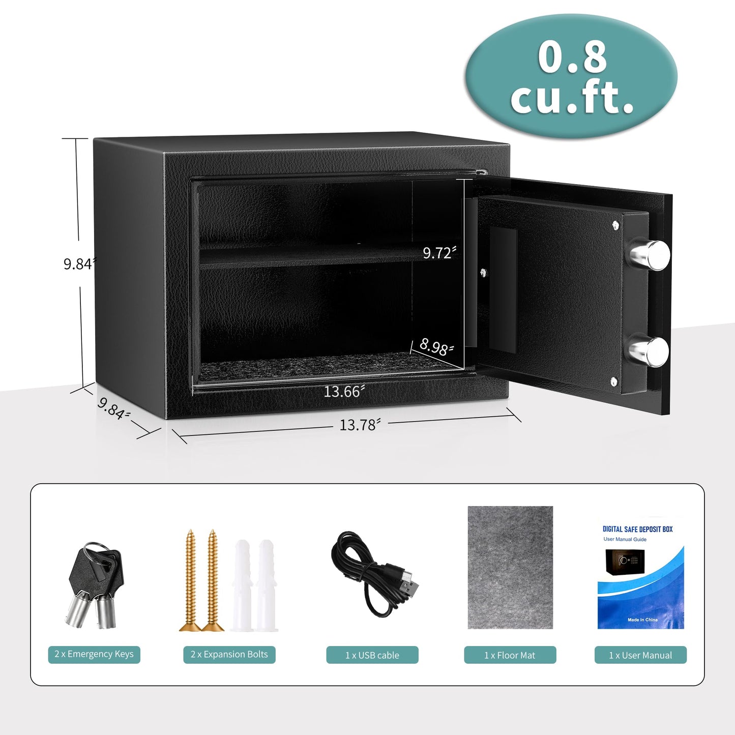 Safe,0.8 Cubic Feet Safe Box,Anti-Theft Digital Security Lock Box with Electronic Keypad and Key, Fire Proof Safes for Home Documents Firearm Medicine Money Valuables,13.8"W x 9.8"D x 9.8"H