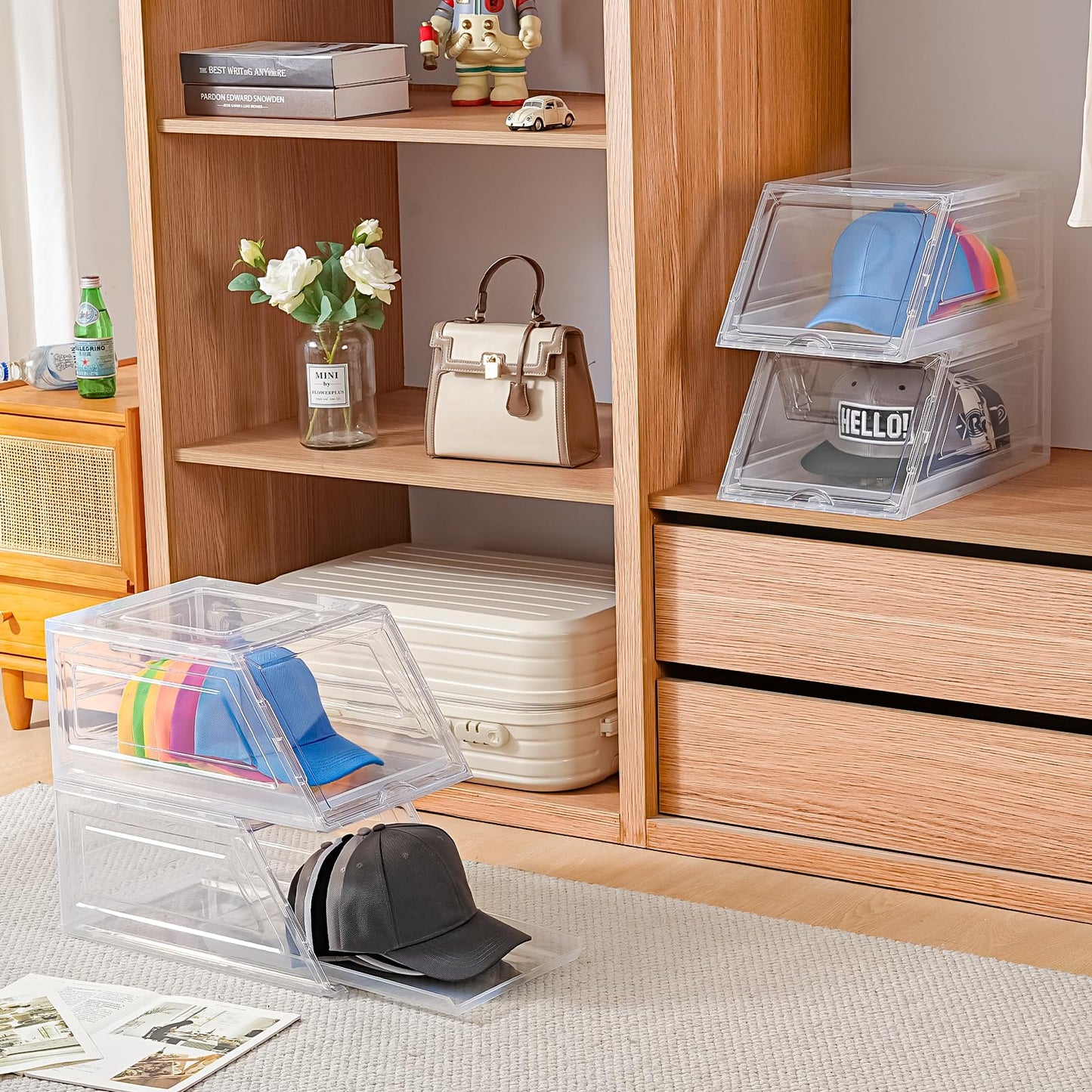 Amllas 2 Pack Stackable Hat Organizer for Baseball Caps, Large Clear Hat Holder with Sliding Drawer, Hat Storage Box with Door, Baseball Cap Organizer