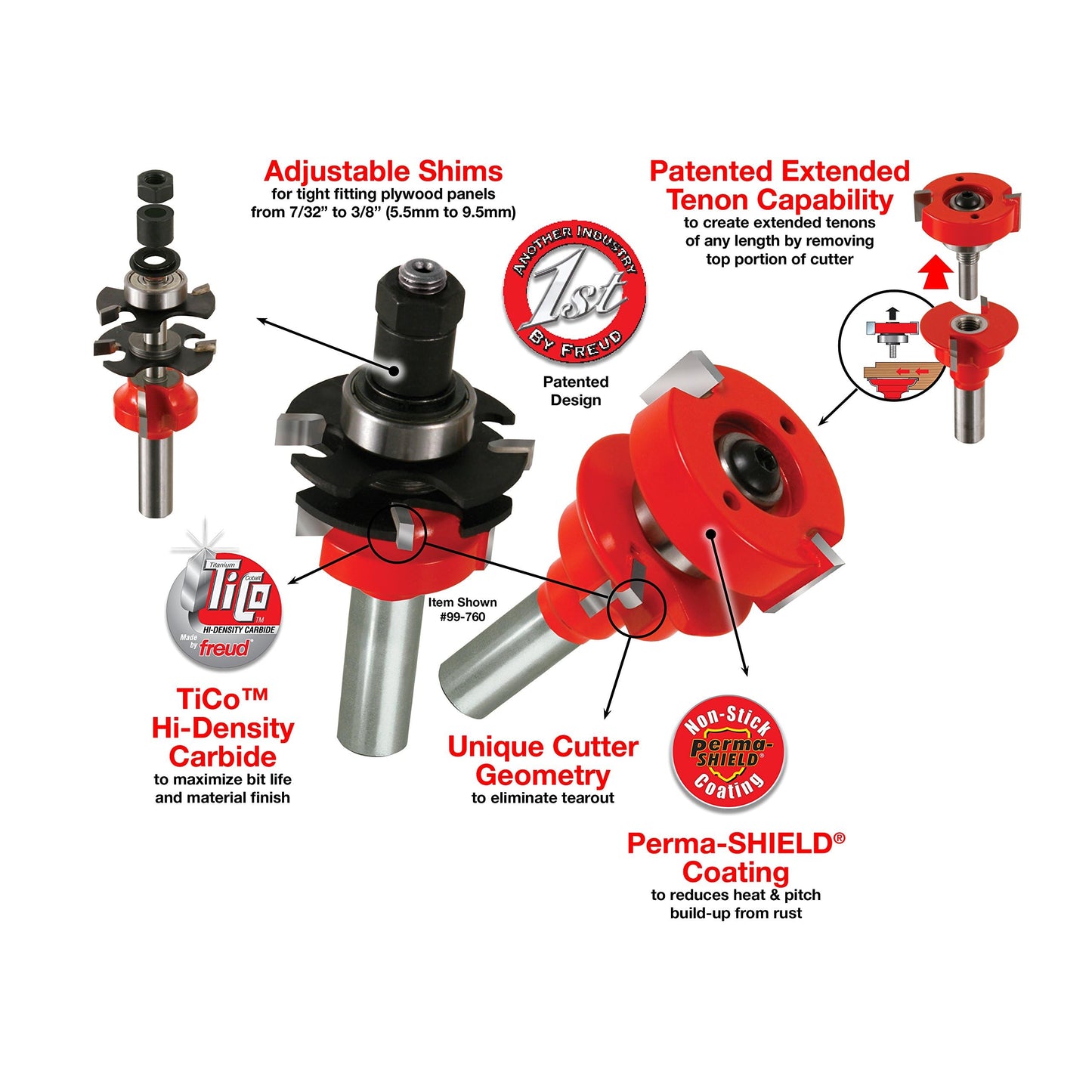 Freud Premier Adjustable Rail & Stile Bit - Ideal for Doors, Windows, Veneered Plywood, Hardwoods & Softwoods - 1-11/16" Diameter, 1/2" Shank - 99-762