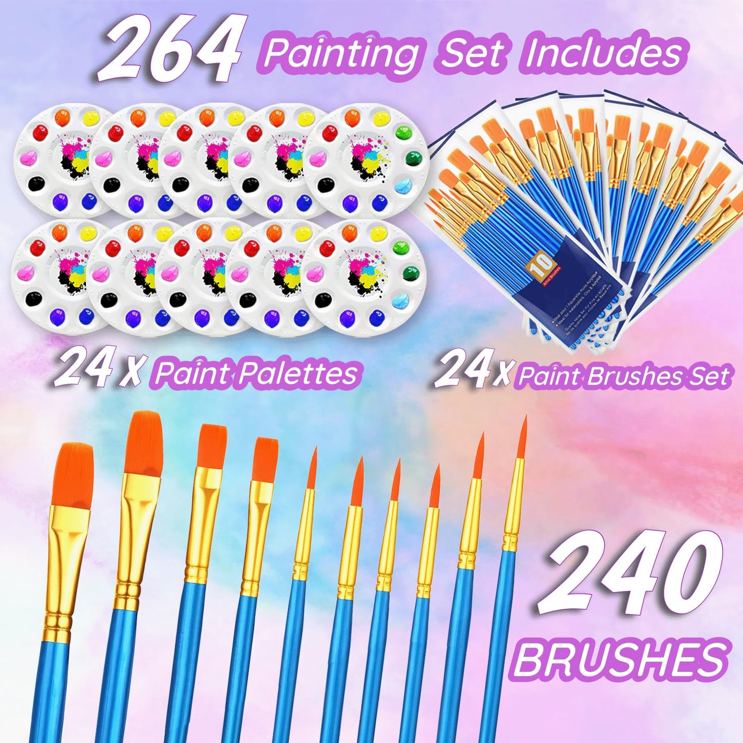264PCS Valued Paint Brushes and Palettes Set，24Pack of 240PCS Paint Brushes Bulk, 24 Paint Paint Trays, Artist Acrylic Brushes Nylon Brush Head, Suitable for All Purpose Oil Watercolor Painting Se