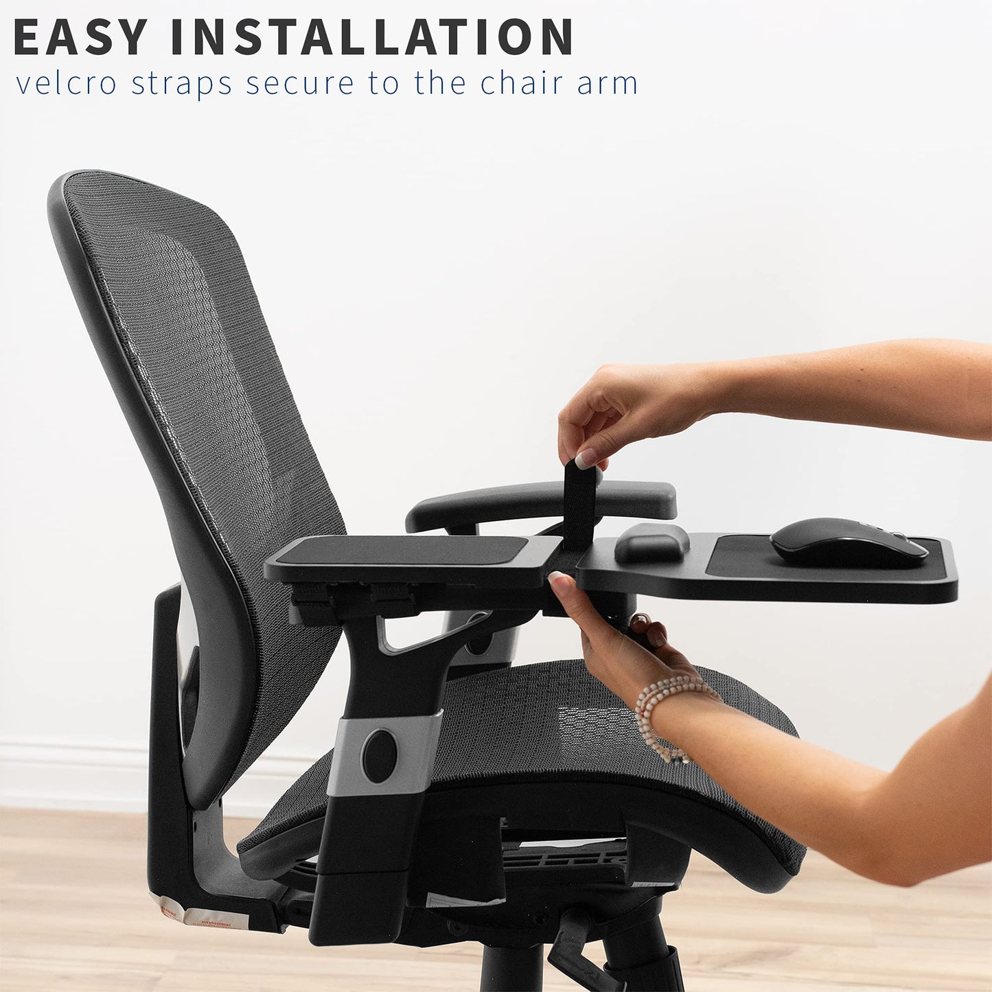 VIVO Wood Adjustable Length Arm Rest Mouse Pad with Wrist Cushion, Extension Platform Tray, Attaches to Chair with Straps, Black, MOUNT-MS02D