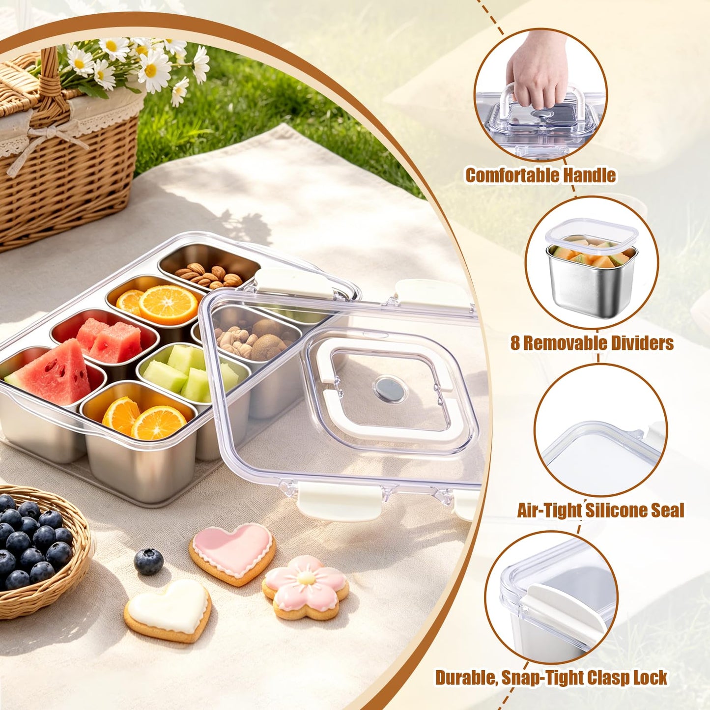 Qtencas Snackle Box Container with 8 Portable Removable Compartments, Ice Pack, Sauce Cup & Fork, Stainless Steel Divided Serving Tray with Lid and Handle for Road Trips Beach Camping