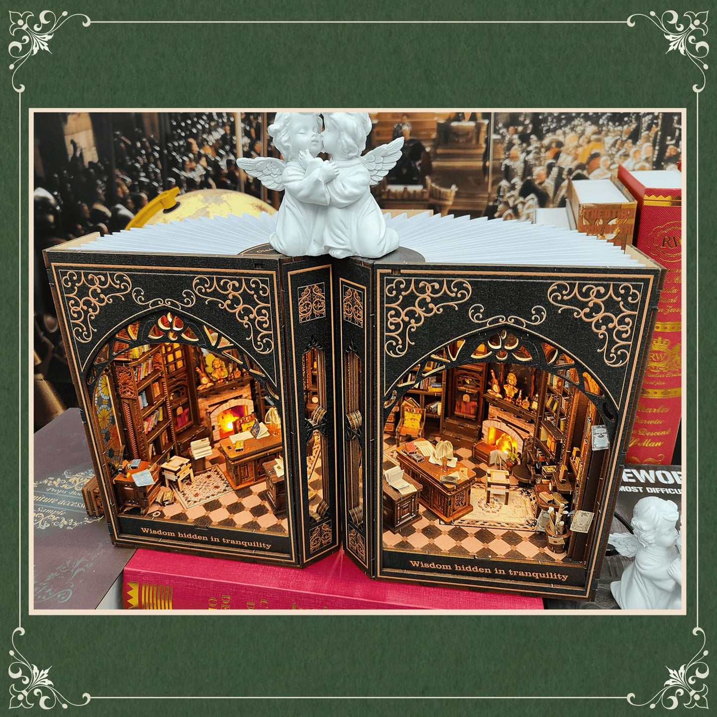 Classical Library Miniature House Kit - DIY Miniature Kit for Adults, Teens, Dollhouse Booknook Bookshelf Insert Decor with LED Light, 3D Wooden Puzzle Gifts for Family, Friends