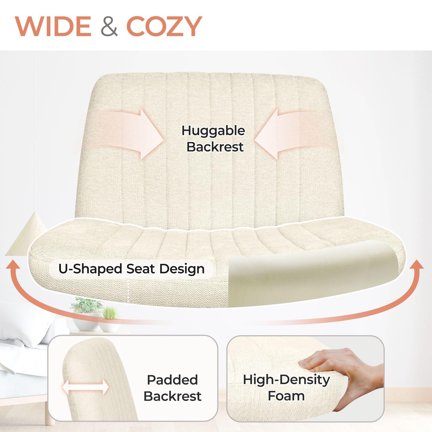 Orange Factory Criss Cross Chair No Wheel Wide Cross Legged Office Desk Vanity Chair Comfy Fabric Armless Adjustable Swivel for Home Computer Task (Beige No Wheel, Classic Fabric)
