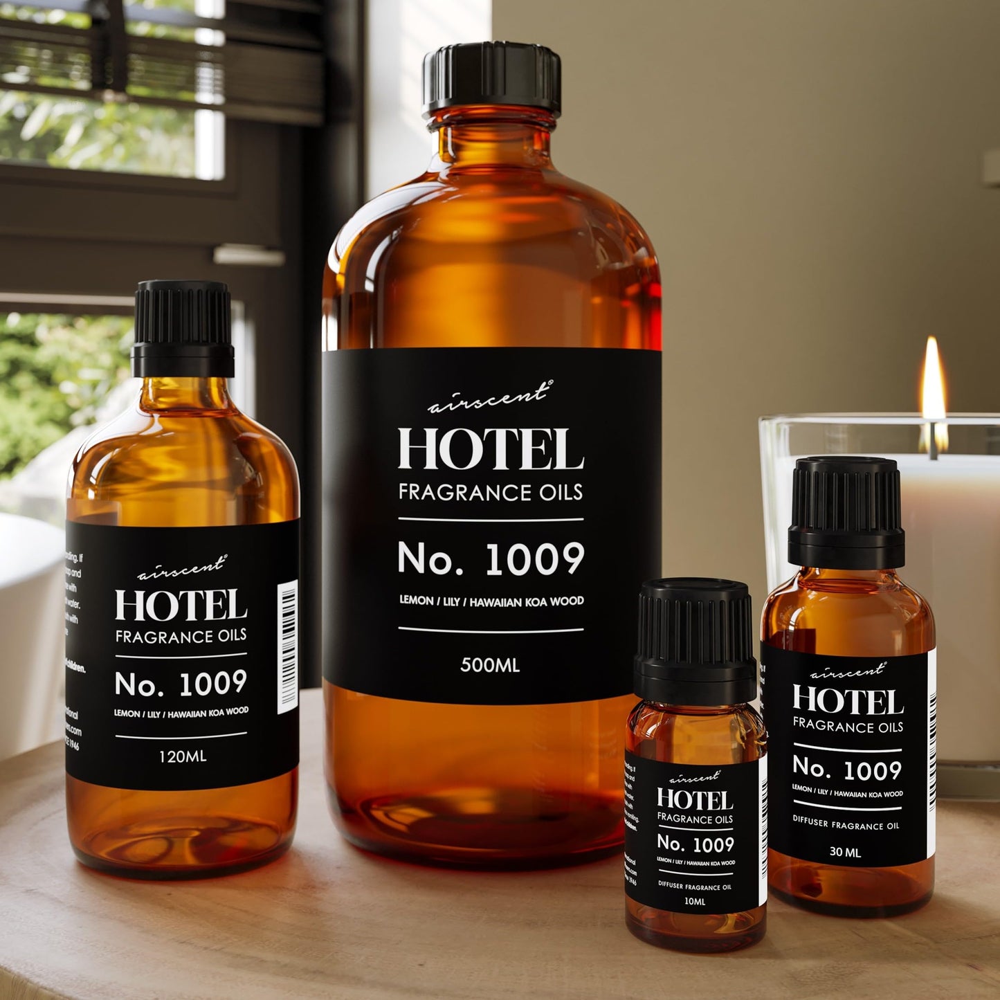 AirScent Hotel Diffuser Oil No. 1009 - Lemon Lily Hawaiian Koa Wood - Hotel Scent Dupe - Premium Fragrance Oil for Ultrasonic and Waterless Diffusers and Crafting - 500 mL, 16.9 fl oz Glass Bottle