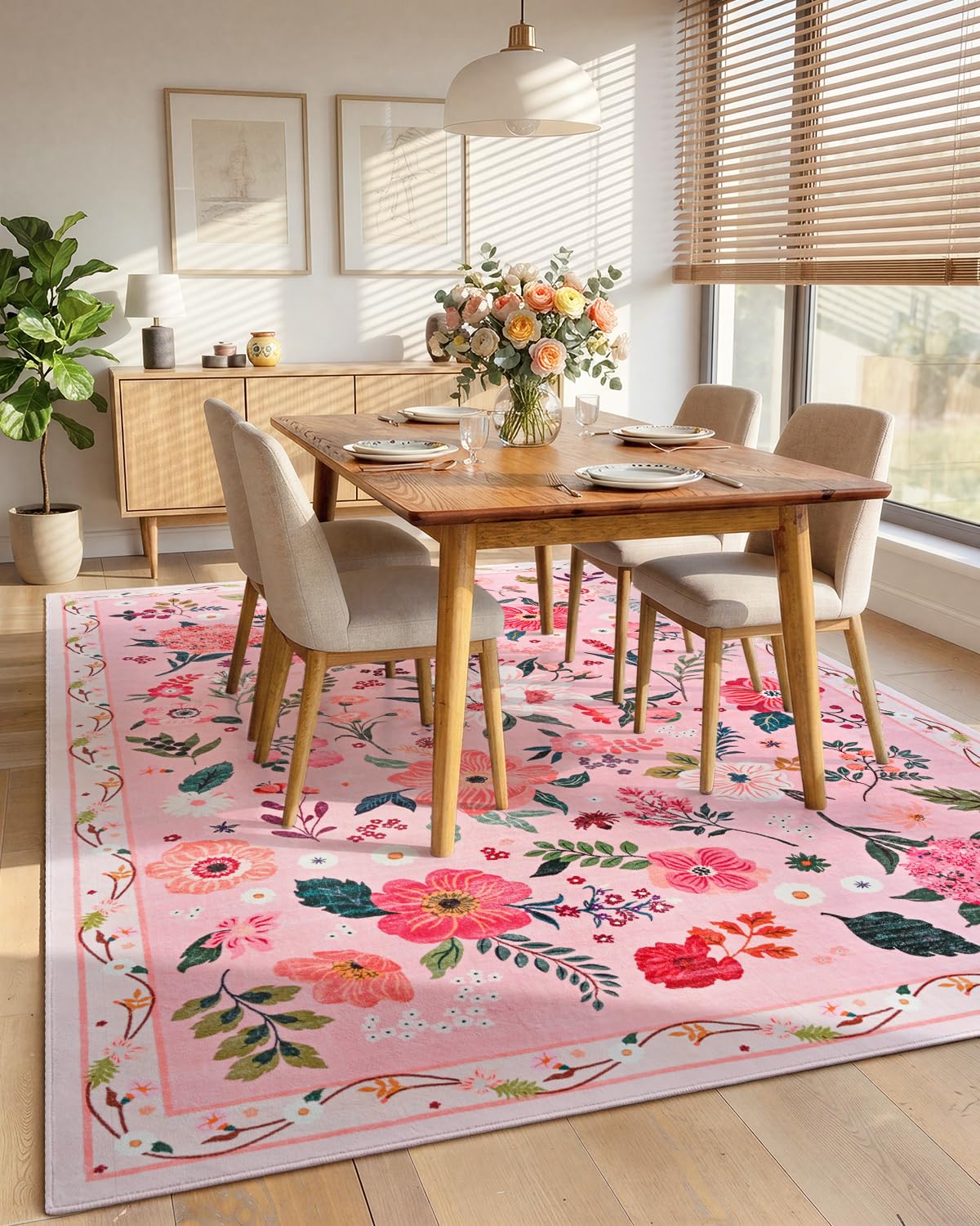 Macgace 5x7 Pink Floral Rug for Living Room, Machine Washable Area Rugs with Non Slip Backingfor Girls Bedroom, Cute Flowers Carpet Kitchen Dining Room Kids Playroom Decor