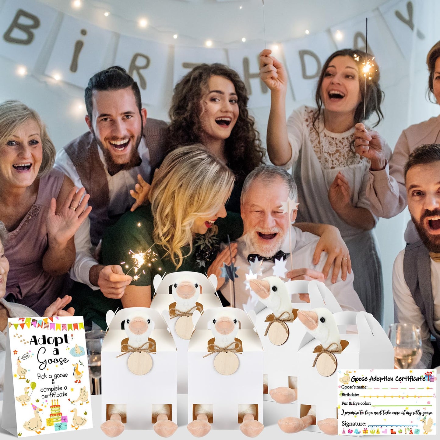 HyDren 33 Pcs Adopt Pet Party Favors Include Adoption Sign 8 Animal Adoption Certificate 8 Plush Pet Stuffed 8 Birthday Hats 8 White Paper Boxes for Adopt a Animal Birthday Party Favor (8 Goose)