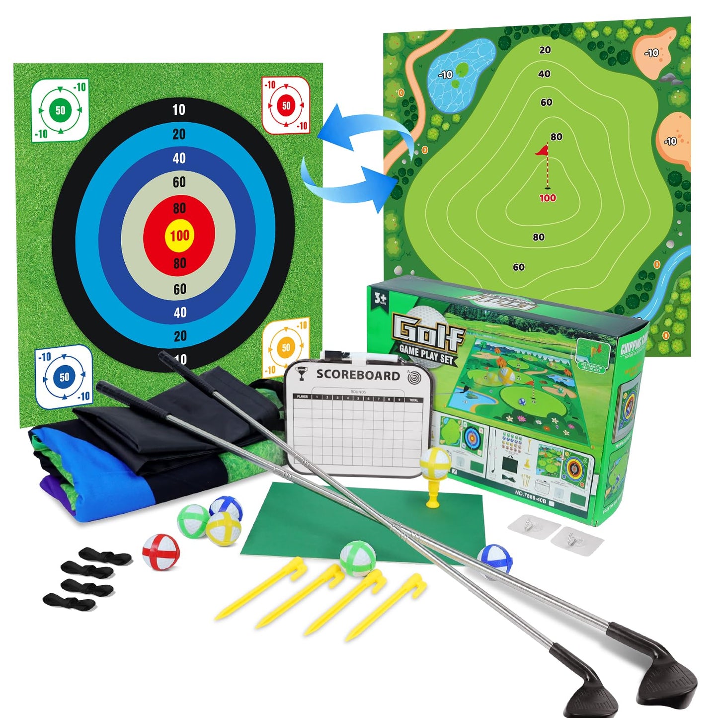 ASTRAEA Golf Chipping Game, Golf Battle Game with Hitting Mat for Kids Adults Indoor and Outdoor, 60" x 60" Double Sided Practice Mat with 2 Clubs & 20 Sticky Balls for Backyard