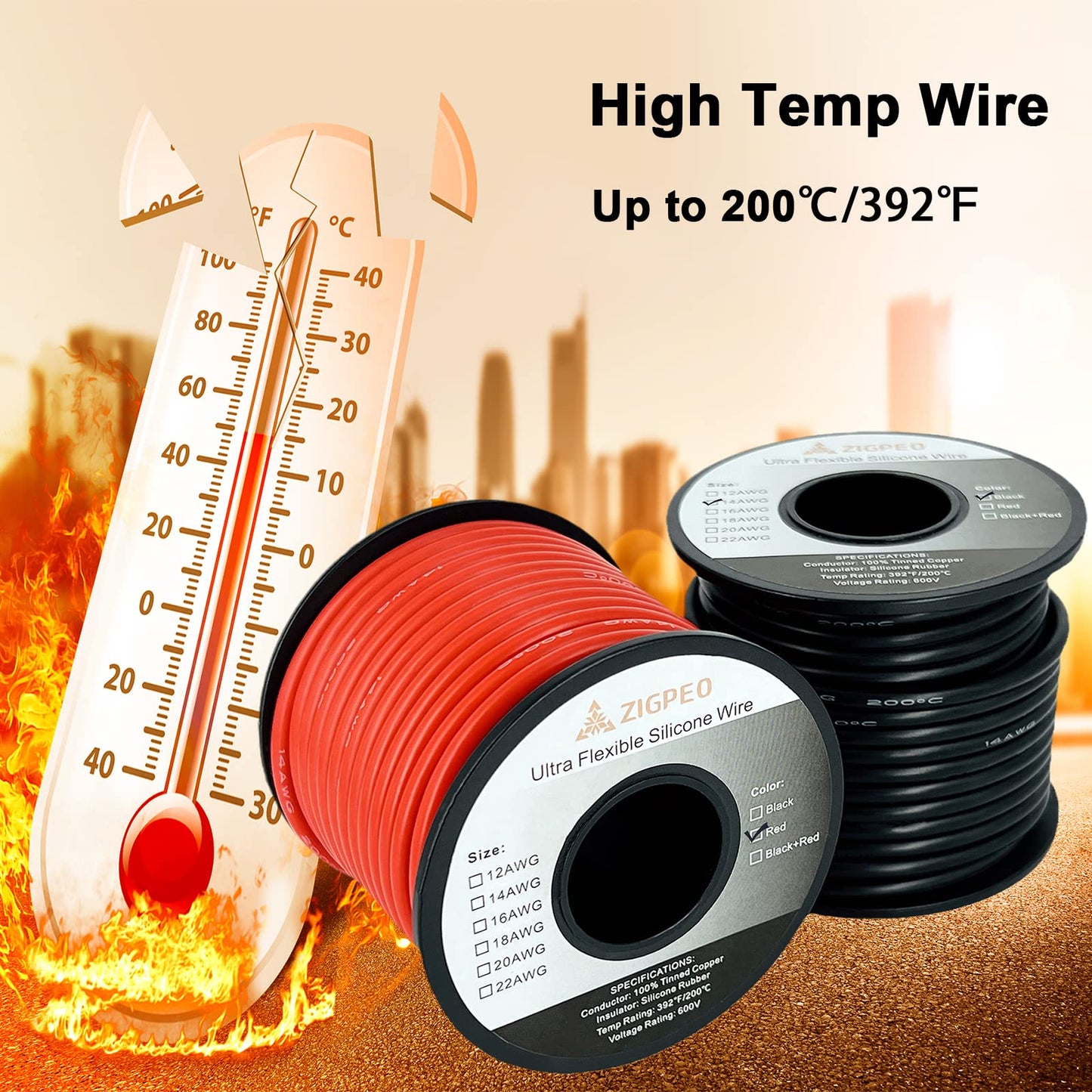 ZIGPEO 12 AWG Silicone Wire 50FT, Extra Flexible 12 Gauge Stranded Copper Wire, High Temp 392℉ 600V - RC, Automotive, Battery | Tinned Copper Conductor - 25FT Red & 25FT Black Spools
