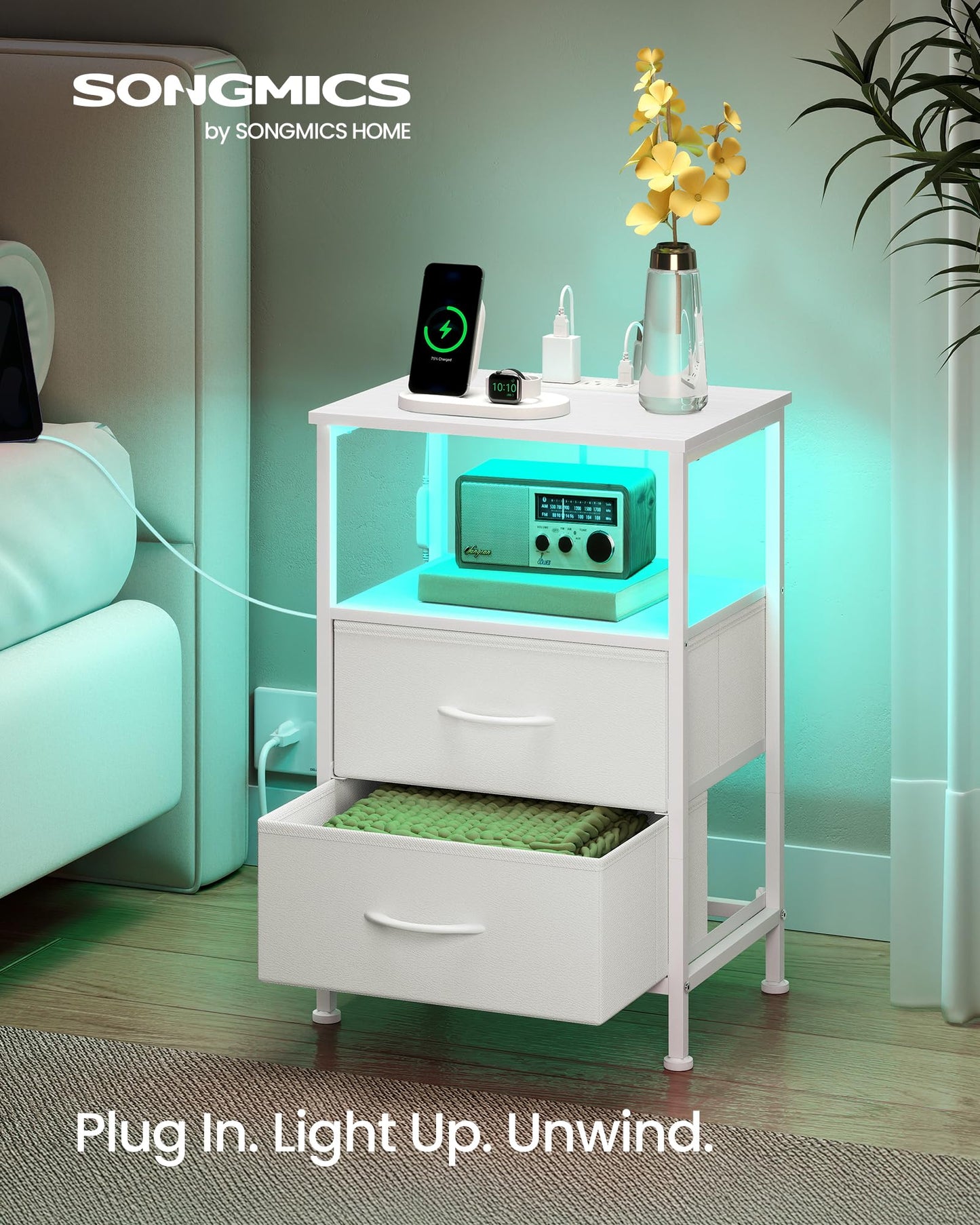 SONGMICS BELLAH Collection - Nightstand with Charging Station and App-Controlled Adjustable LED Lights, Bed Side Table, 2 Drawer and 1 Open Shelf, Bedroom, Cloud White and Snow White ULGS302WH01S