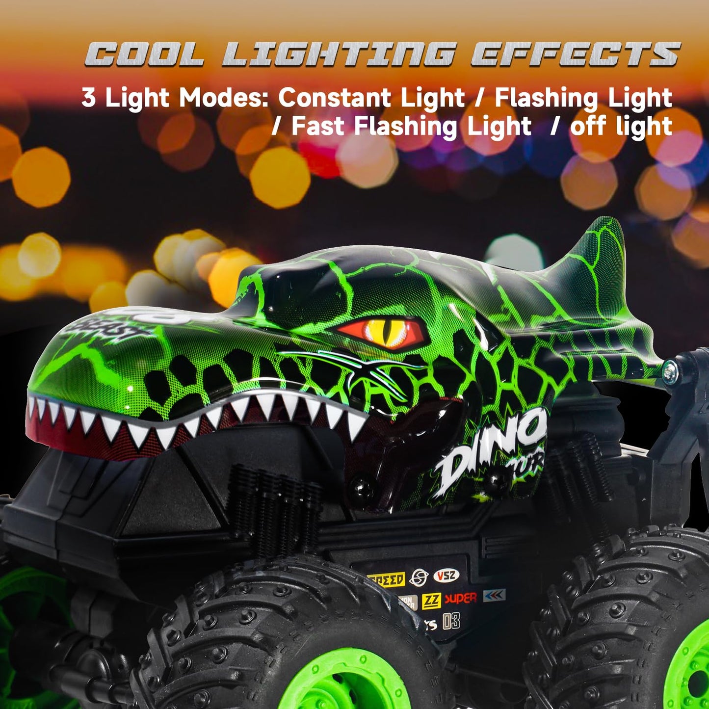 Gohero Monster Truck Toys for Kids, 1:20 Dinosaur Toys RC Car Truck with 360° Spins & Drifting, 2.4GHz All-Terrain Monster Trucks for Boys Age 4-7 | with LED Light, Music & 2 Rechargeable Batteries.