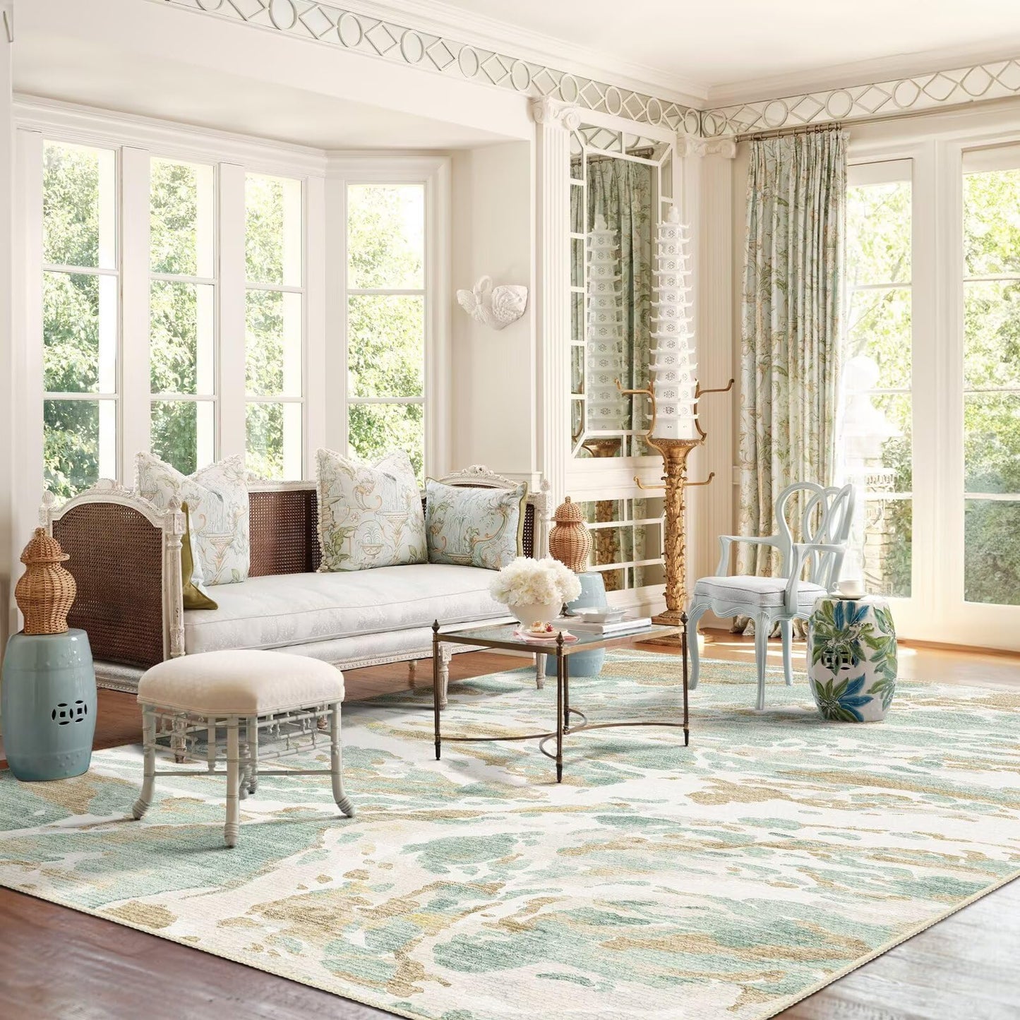 DEXDE 5x7 Area Rug for Living Room Bedroom, Washable Modern Abstract Non Slip Large Soft Rugs Low Pile Floor Carpet for Dining Room Bedroom Kitchen Office Nursery Playroom, Green