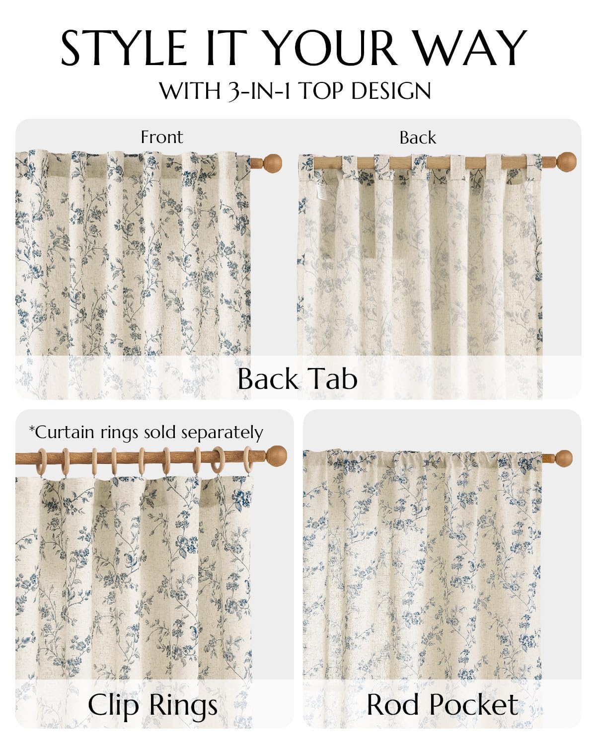 jinchan Linen Floral Curtains for Living Room 84 Inch Length Blue Printed Curtains Back Tab French Country Farmhouse Flower Patterned Drapes Bedroom Window Curtain Set 2 Panels