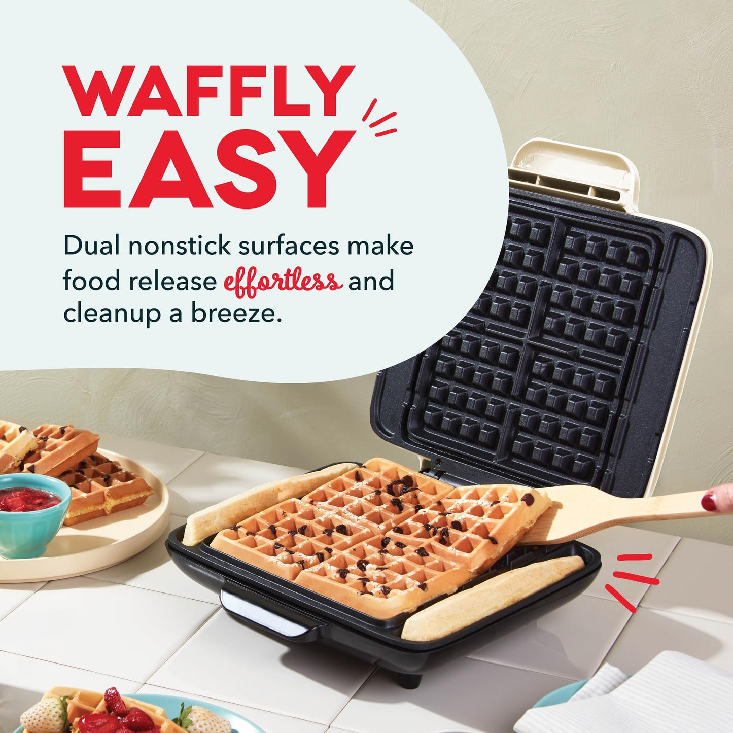 DASH No-Drip Waffle Maker - Four Waffle Molds, Nonstick Waffle Iron with Quick Heat-Up, Nonstick Surface - Perfect Waffle Maker for Kids and Families, Just Add Batter