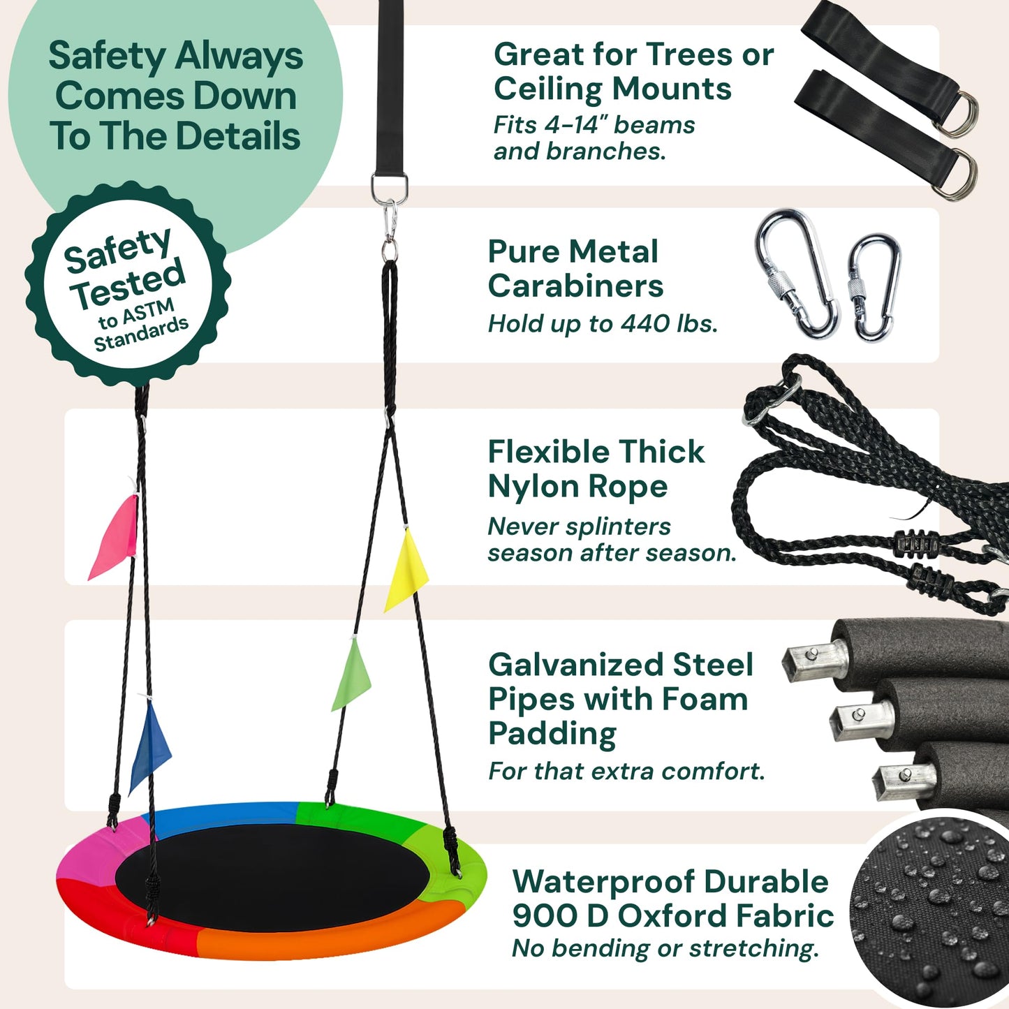 PLAYVIBE 40" Saucer Swing for Kids Outdoor - Tree Swing Set Summer Fun, 440 lb Capacity - Multicolor 600D Oxford Fabric & Adjustable Ropes, Straps & Carabiners