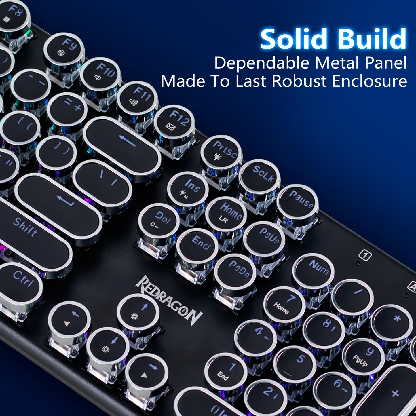 Redragon K710 Wireless Typewriter Style Mechanical Gaming Keyboard, Bluetooth/2.4Ghz/Wired, RGB Backlit, Rechargeable, Blue Switch - Clicky, Metal Panel, Round Keycaps, Black