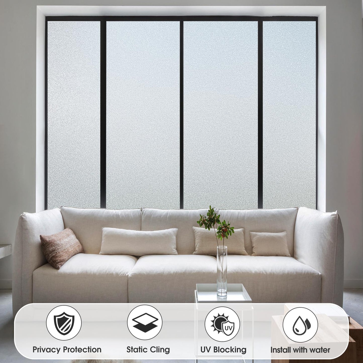 Coavas Window Privacy Film Frosted Glass Static Cling UV Sun Blocking Heat Control Window Tint Day and Night Insulation Home Bathroom Door Decorative Frosting Cover (23.6 x 78.7 Inch, Pure)