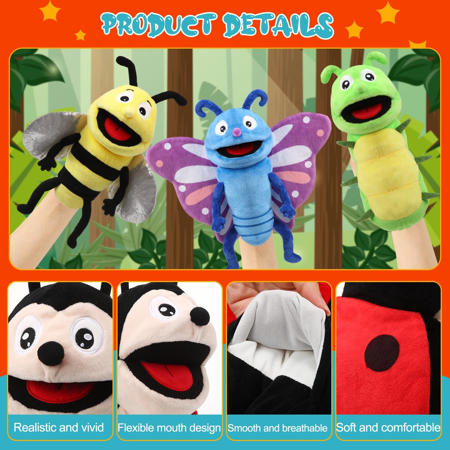 Lenwen 6 Pcs Animal Hand Puppets Bulk 10 Inches Living Realistic Toddler Plush Puppets with Working Mouth for Kids Storytelling Imaginative Role Play Show Game Birthday Party Gifts(Insect)