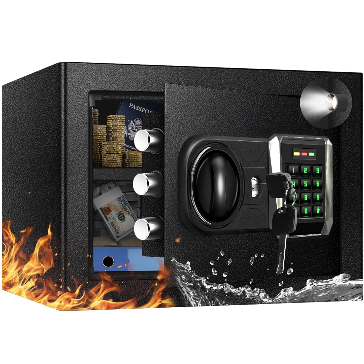1.2 Cu Ft Safe Box with Fireproof Waterproof, Digital Home Security Safe with External Type-C Interface, Mute Function & Removable Shelf, Keypad & Spare Keys, Personal Security Document Lock for Cash