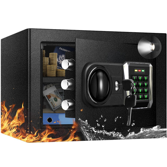 1.2 Cu Ft Safe Box with Fireproof Waterproof, Digital Home Security Safe with External Type-C Interface, Mute Function & Removable Shelf, Keypad & Spare Keys, Personal Security Document Lock for Cash