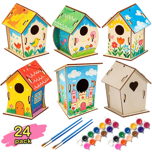 BlockPro 24 Pack Bird House Kits for Kids with Paint & Brushes, DIY Wooden Birdhouse Painting Set, Spring Summer Arts Projects, Educational Craft Gift for Birthday, Party, Parent-Child Activities
