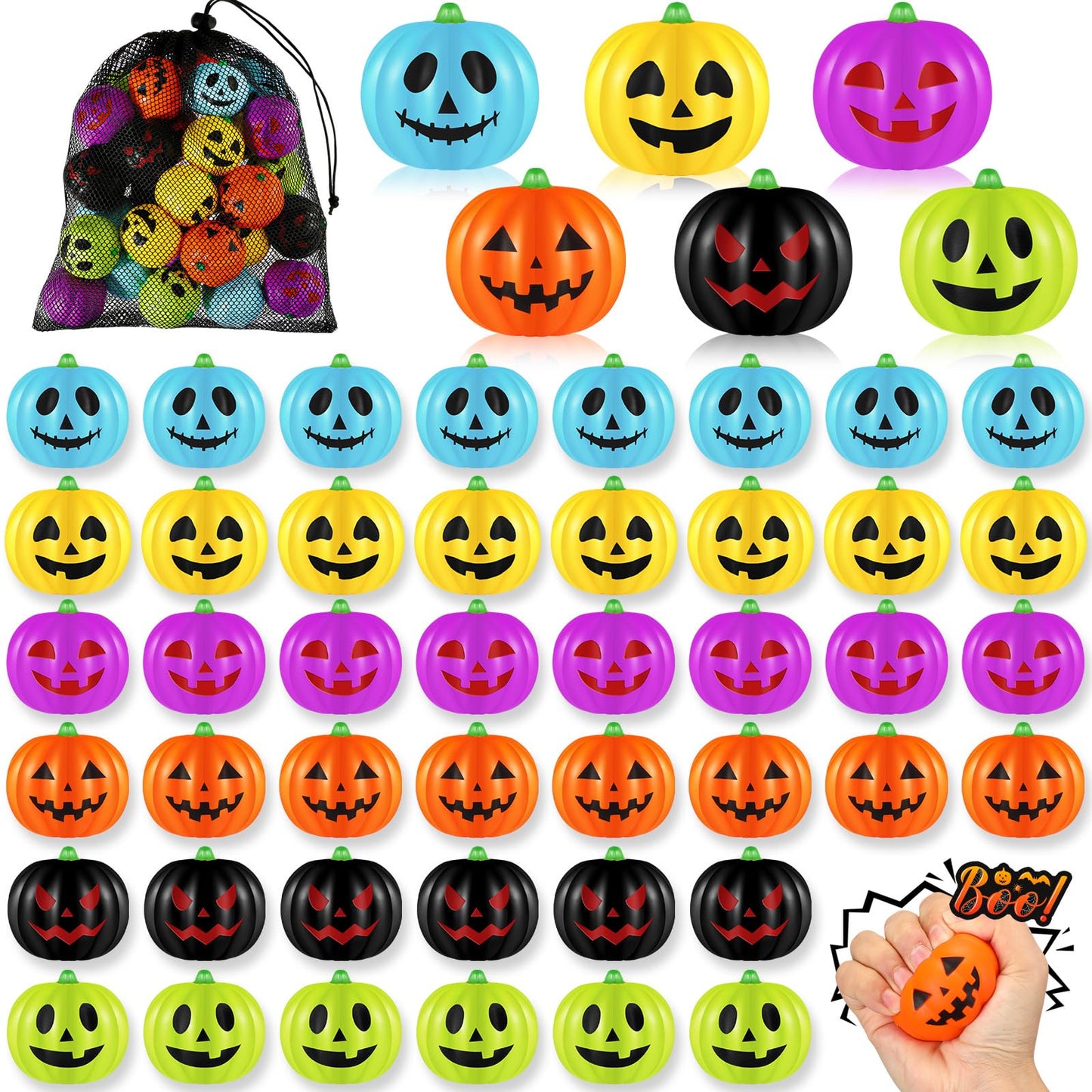 Libima 50 Pcs Halloween Pumpkin Stress Balls Bulk Colorful Stress Relief Ball Mini Foam Squeeze Ball Party Favors Toy with Storage Bag for Halloween Party Bag Filler School Carnival Reward