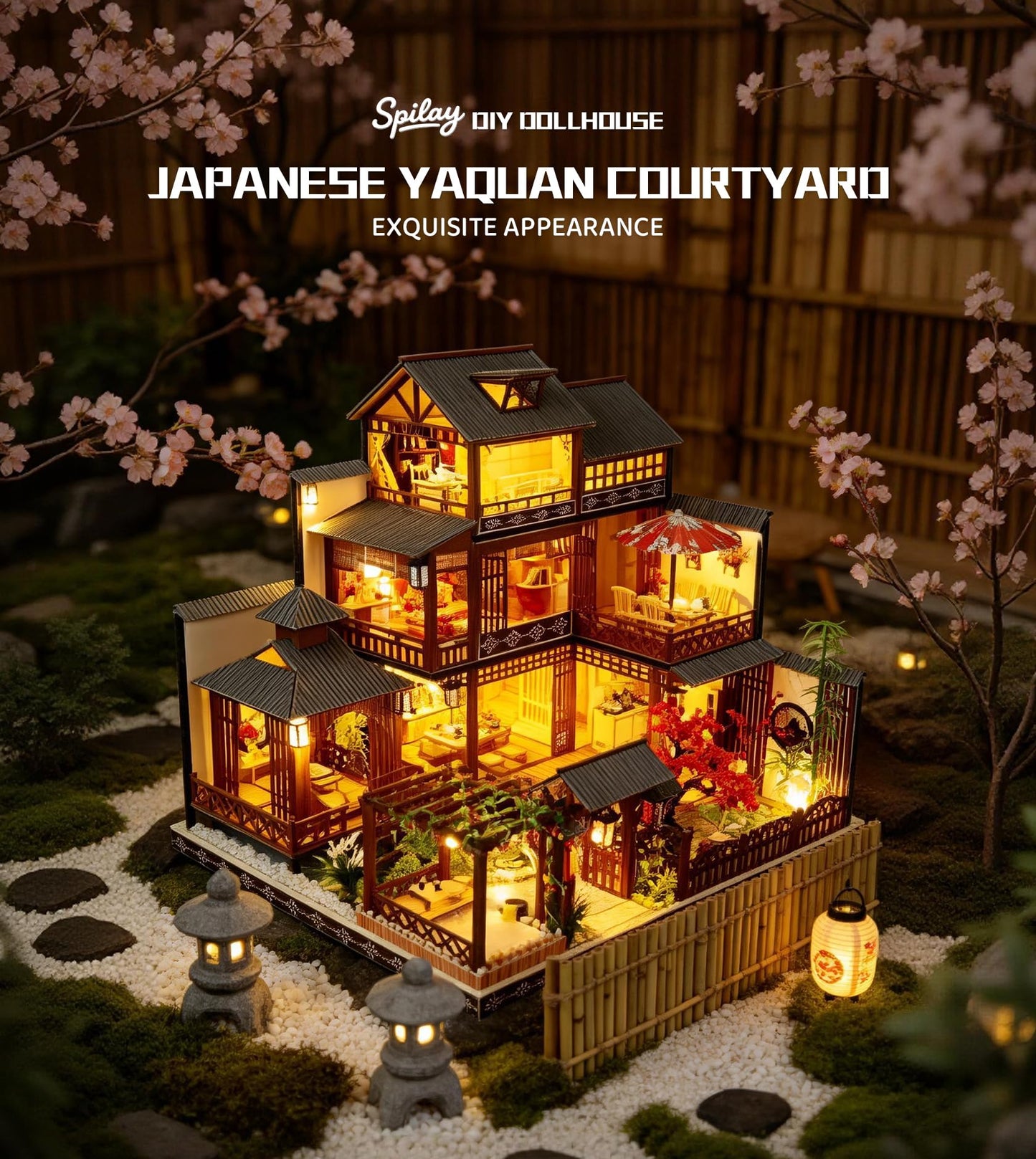 Spilay Dollhouse DIY Miniature Wooden Furniture Kit,Mini Handmade Castle Model Plus with LED & Music Box,Creative Doll House Toys for Adult Gift (Fuchun Resort)
