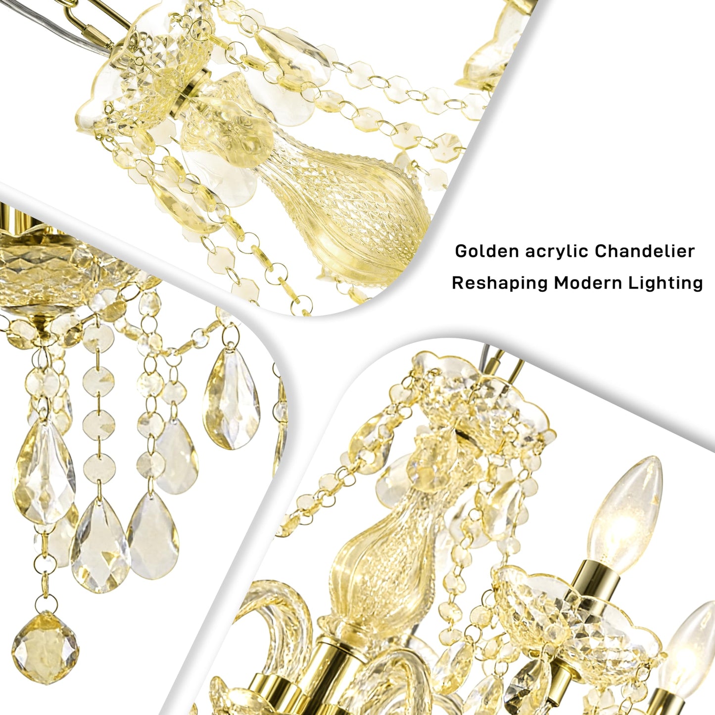 PAPAYA Plug-in 5 Light Gold Crystal Hanging Pendant Lights Acrylic Chandelier with Cord & On/Off Switch H19 D19.7 for Kitchen Island Girls' Room Dining Area Laundry Pavilion