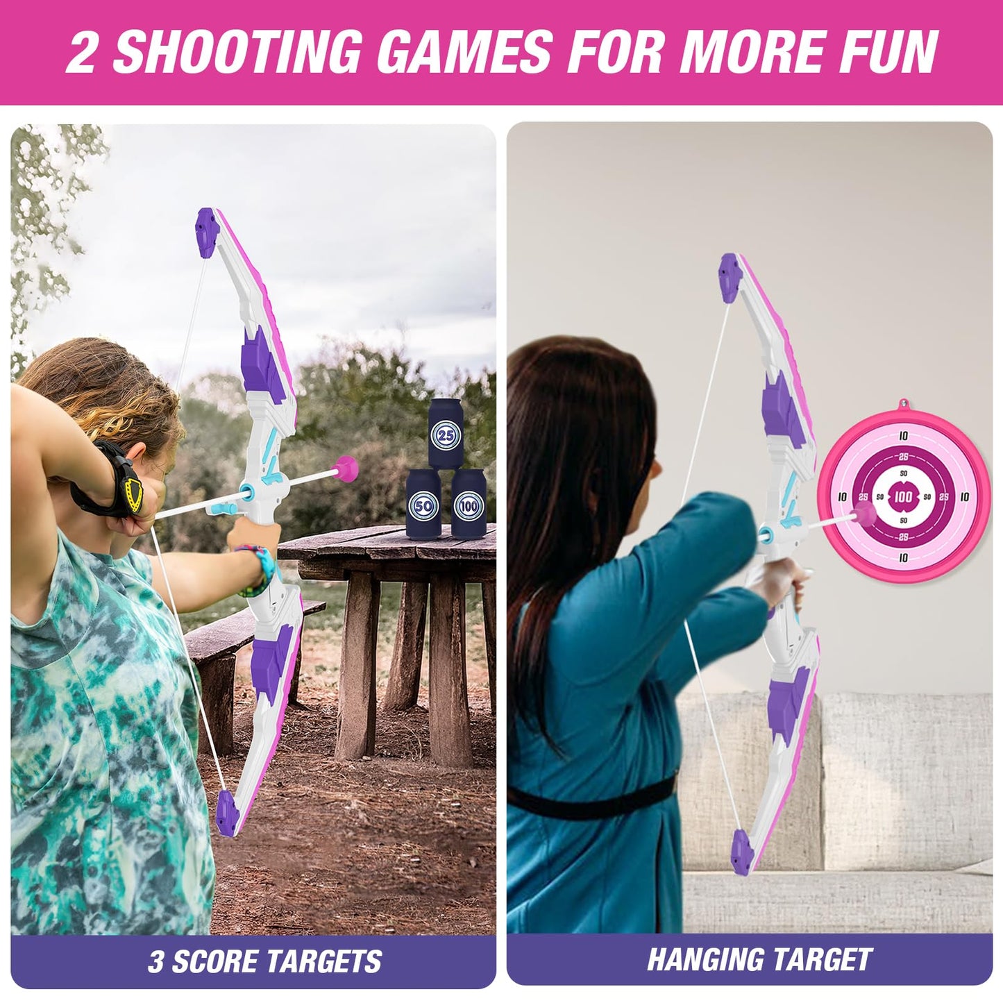 HYES Bow and Arrow for Kids, LED Light Up Archery Set with 12 Suction Cup Arrows, 3 Score Targets, 1 Hanging Target & Quiver, Indoor Outdoor Sport Toys Gifts for Girls Boys Ages 4-12, Purple