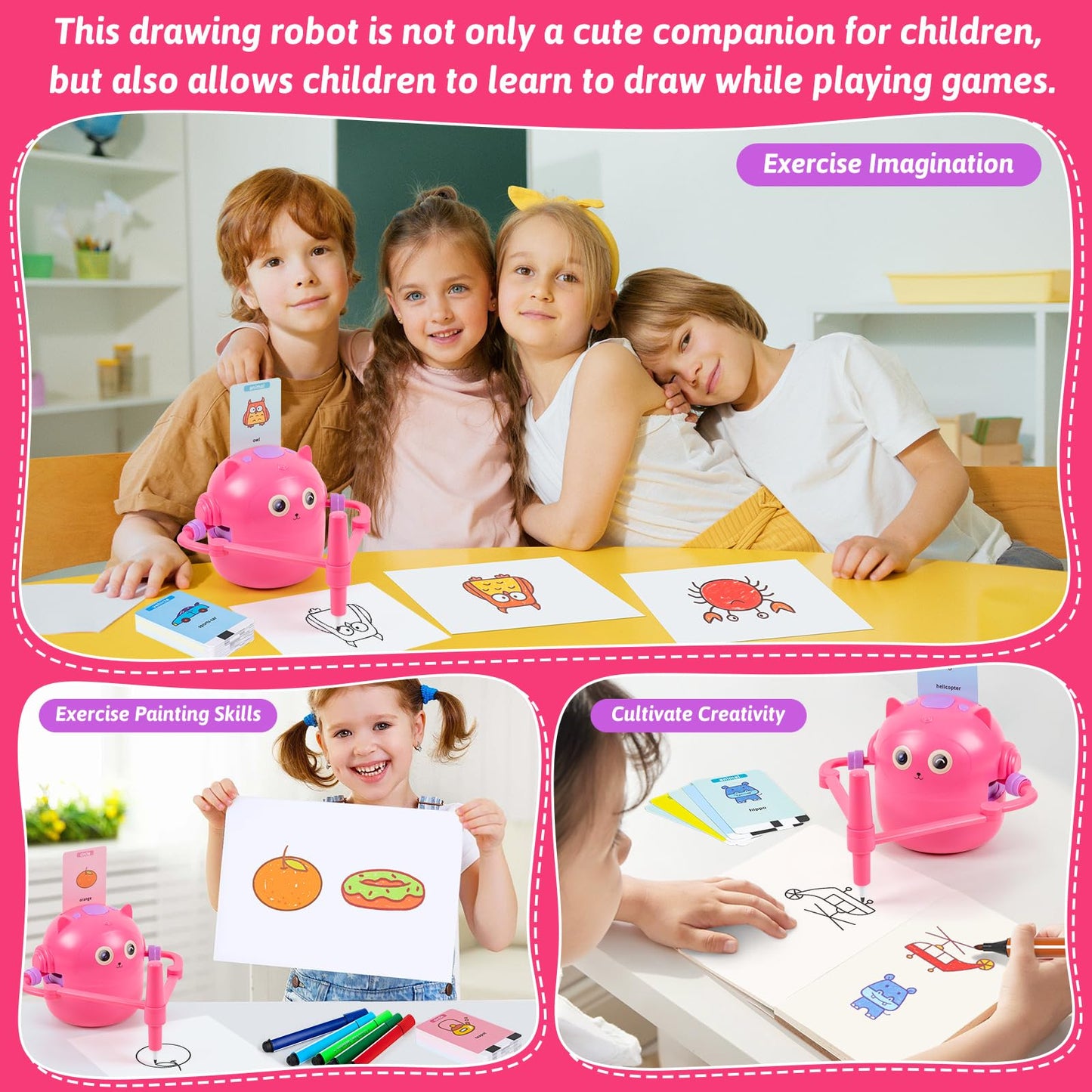 TREEFIA Drawing Robot for Kids, Interactive Educational Drawing Robot, Magic Painting Robot Toy with 100 Word Cards & 16 Color Pens for Girls and Boys Age 3+ (Pink)