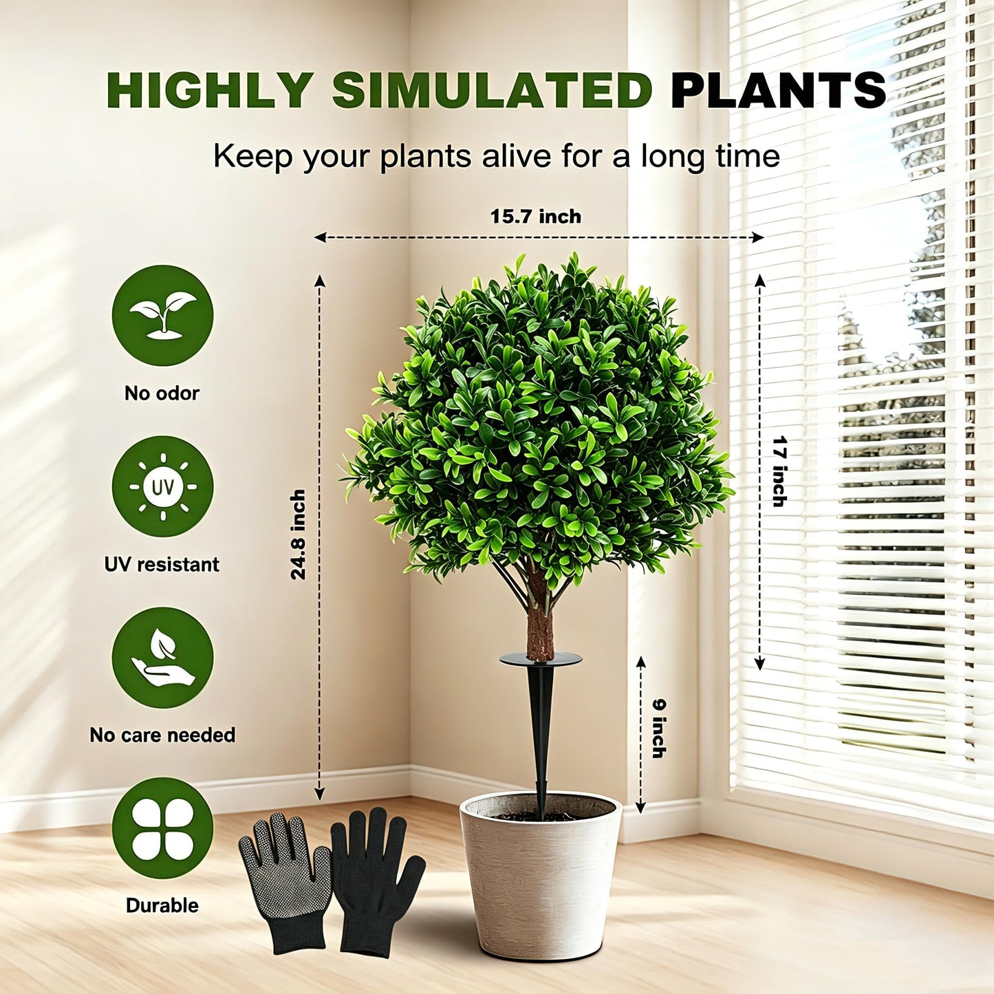JTING' CHOISIR Set of 2 Artificial Boxwood Topiary Ball Trees with Ground Spike, 26 Inches UV Resistant Fake Plant Bushes Shrubs, for Indoor Outdoor Front Porch Garden (Boxwood)