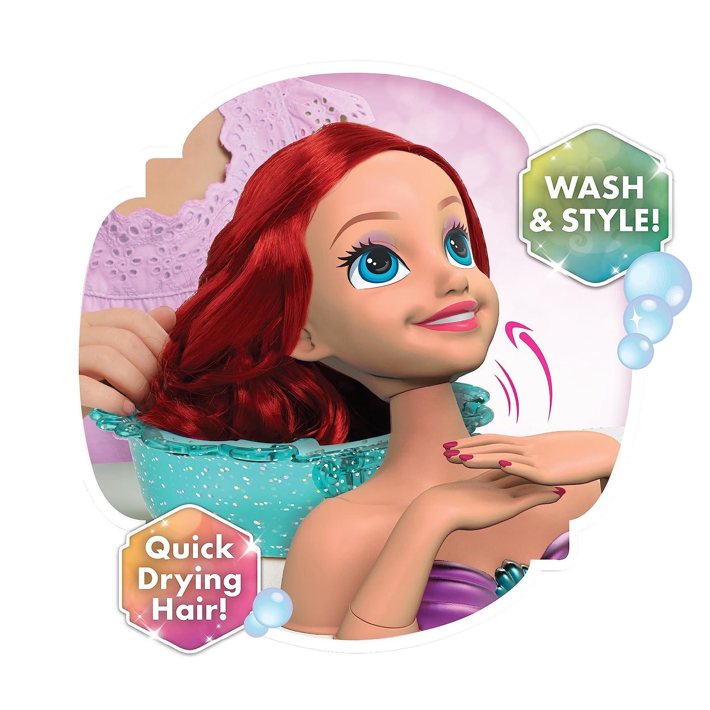Disney Princess Shimmer Spa Ariel 8-inch Styling Head, 20-Pieces, Red Hair, Pretend Play
