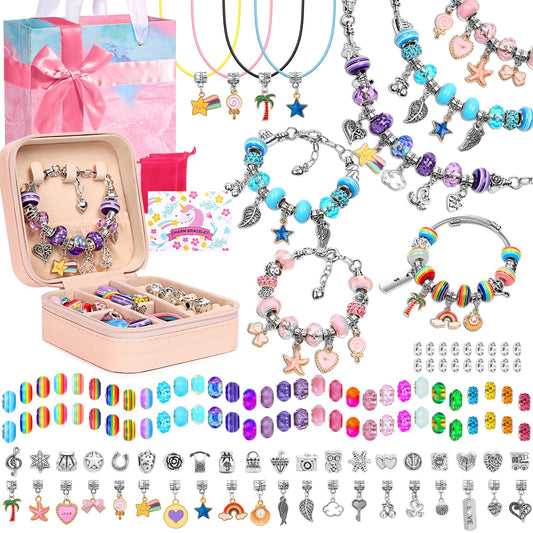 Charm Bracelet Making Kit, 140 PCS DIY Craft Bead Sets Jewelry Making Kit, Portable Bracelet Organizer Gift Box for Birthday Christmas Stocking Gift