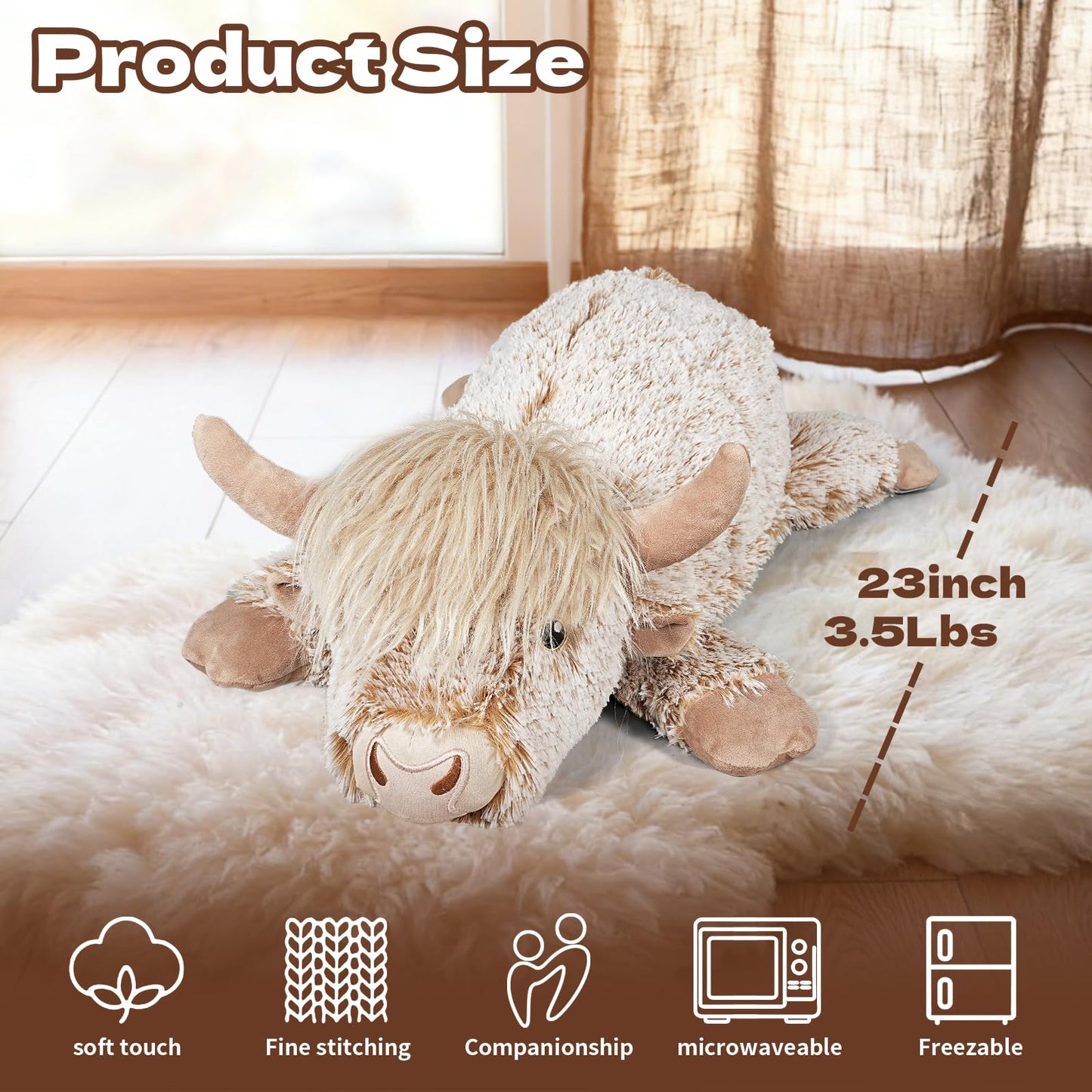 Dutioavg 3.5Lbs Weighted Stuffed Animals Microwave Highland Cow Plush with Removable Heating Pad，23" Unscented Heatable & Coolable Highland Cow Cute Warm Gifts for Kids and Adults