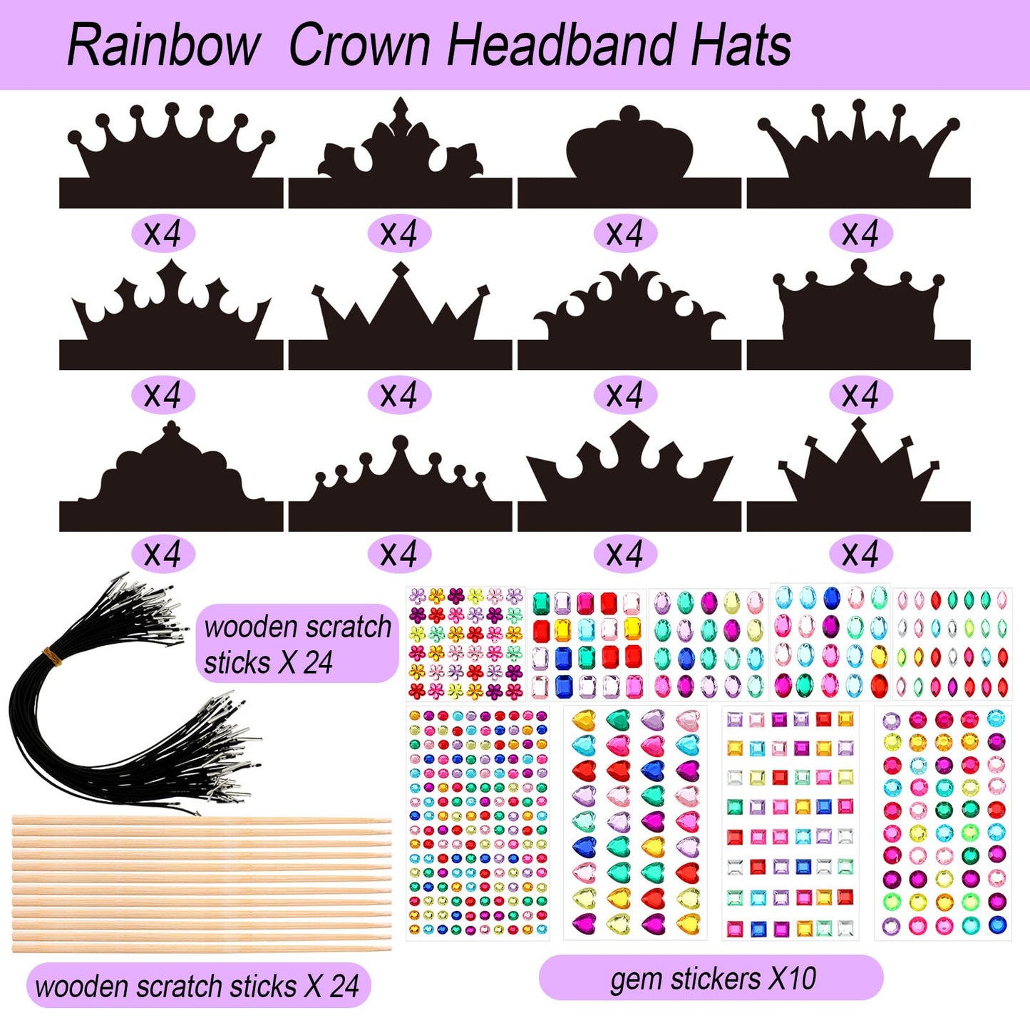 Yinder 130 Pcs Crafts Crowns Set 48 Pcs Scratch DIY Paper Crowns with Rainbow Color Crown Headband Hats 24 Pcs Wooden Styluses 48 Pcs Elastic Bands 10 Sheet Colorful Gem Jewels Stickers for Girls Boys