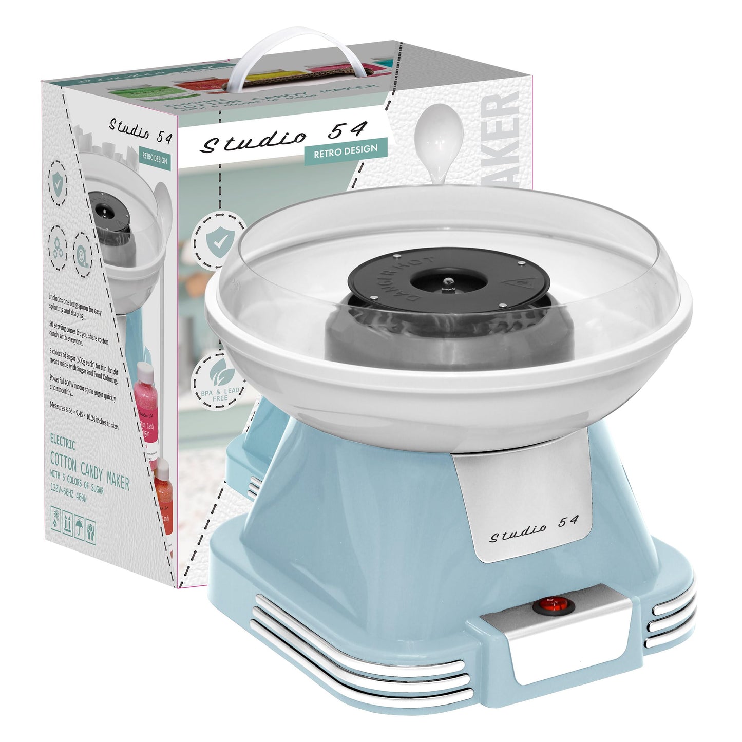 Studio 54 Retro Cotton Candy Machine with 5 Jars (11oz Each) Floss Sugar, 50 Paper Cones, Easy Cleanup Cotton Candy Maker, Durable Retro Design, Makes 20–30 Servings per Jar, BPA & Lead Free