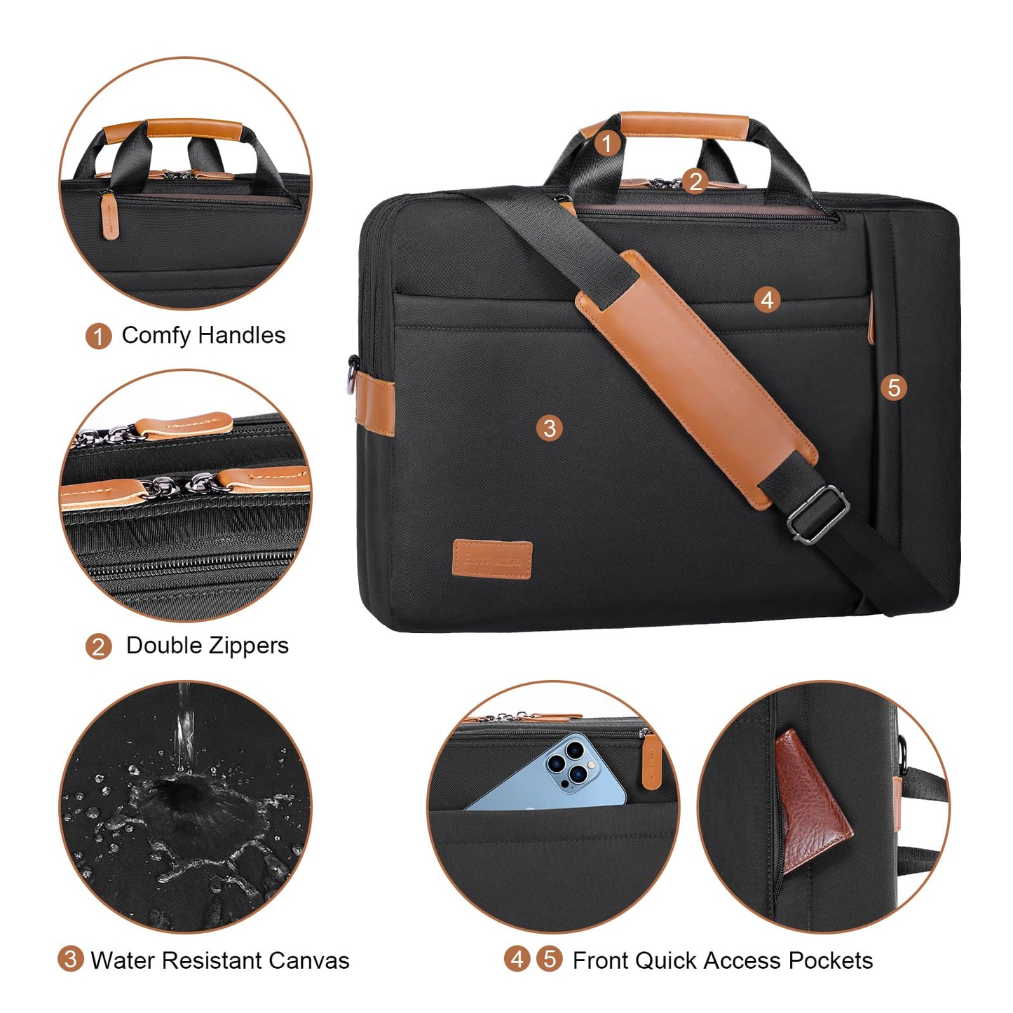 ESTARER 3 In 1 Laptop Bag for Men, 17-17.3 Inch Laptop Backpack Computer Satchel Bag for Work/Travel/Business, Convertible Backpack Briefcase Water resistant Nylon Messenger Backpack (Black)