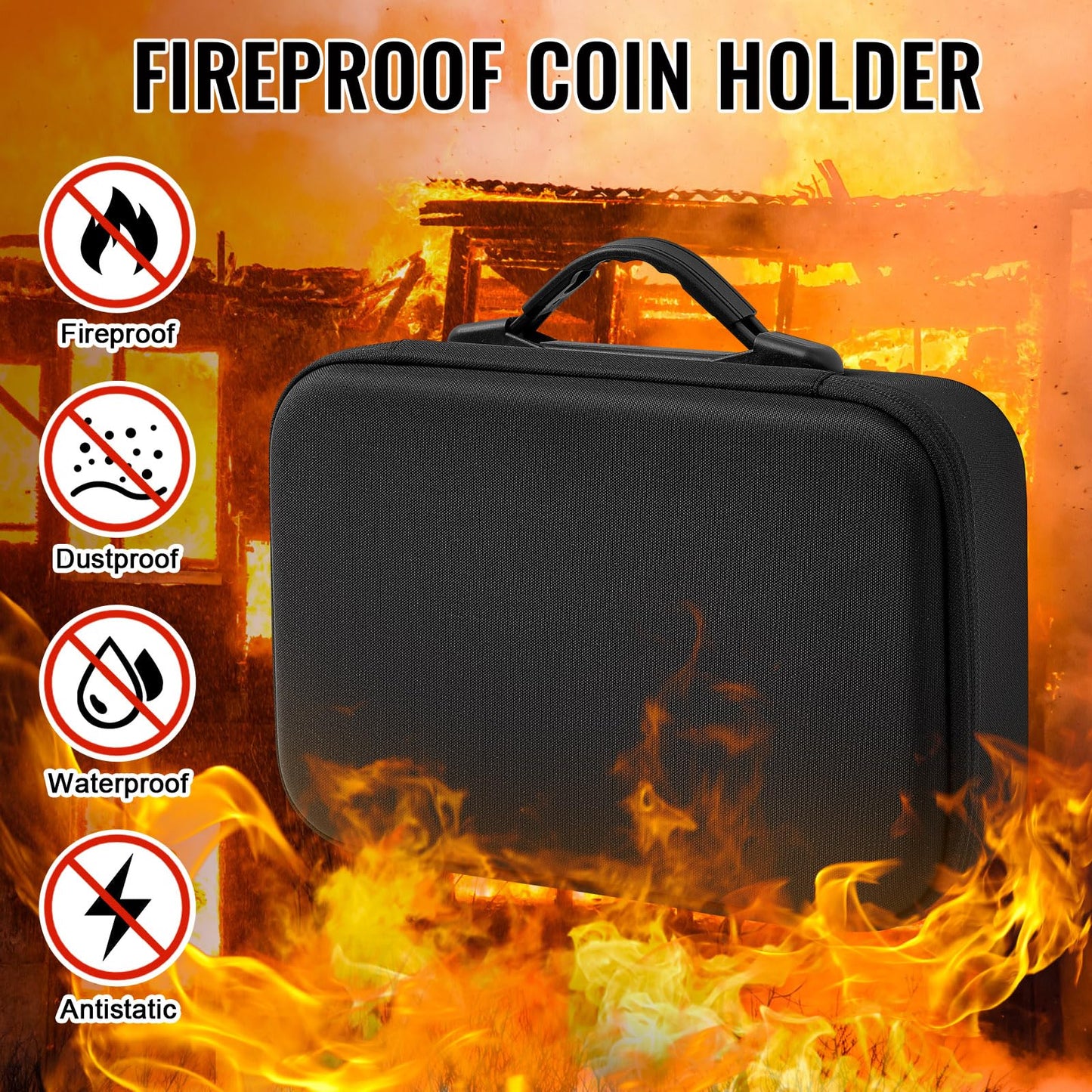 Affrolling Fireproof and Waterproof Coin Storage Box 96 Pcs 46 mm Coin Holder for Collectors Capsule Case with Lock with 196 Pcs 10 Size Gaskets for Dime Cent Nickel Quarter Silver Dollar(Black)