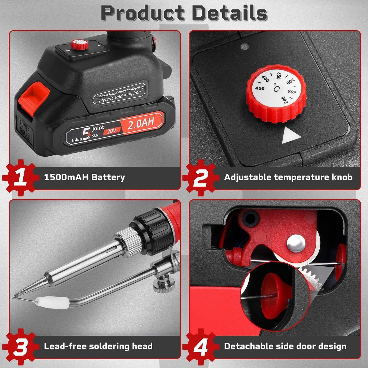 Cordless Soldering Iron Welding Kit - 60W 200-450℃ Adjustable Temperature One-handed Welding Iron With 20V Battery Automatic Soldering Gun Solder Tools for Electronic Repair Soldering Circuit Board