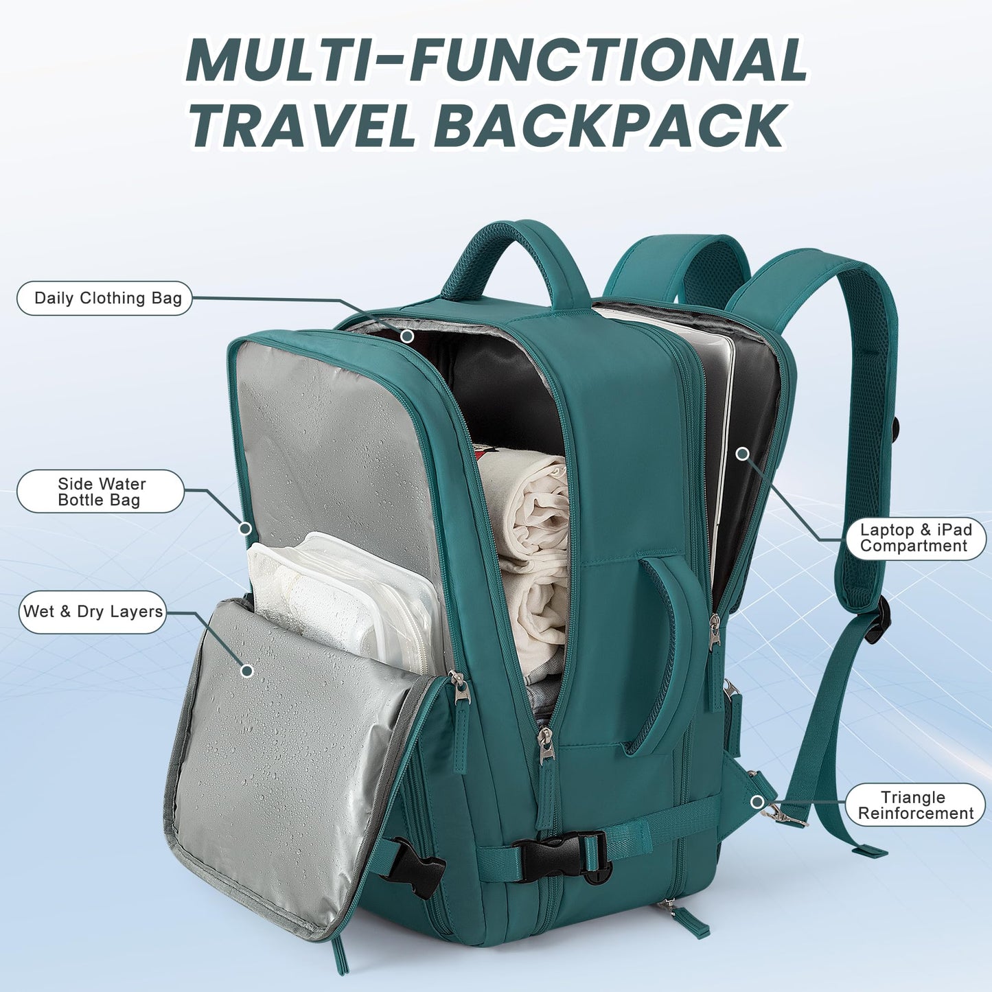 Beraliy Travel Backpack for Women as Personal Item Travel Bag Flight Approved, Carry On Backpack, 17.3 Inch Laptop Backpack, Travel Bag, Waterproof Hiking Backpack, Peacock Blue