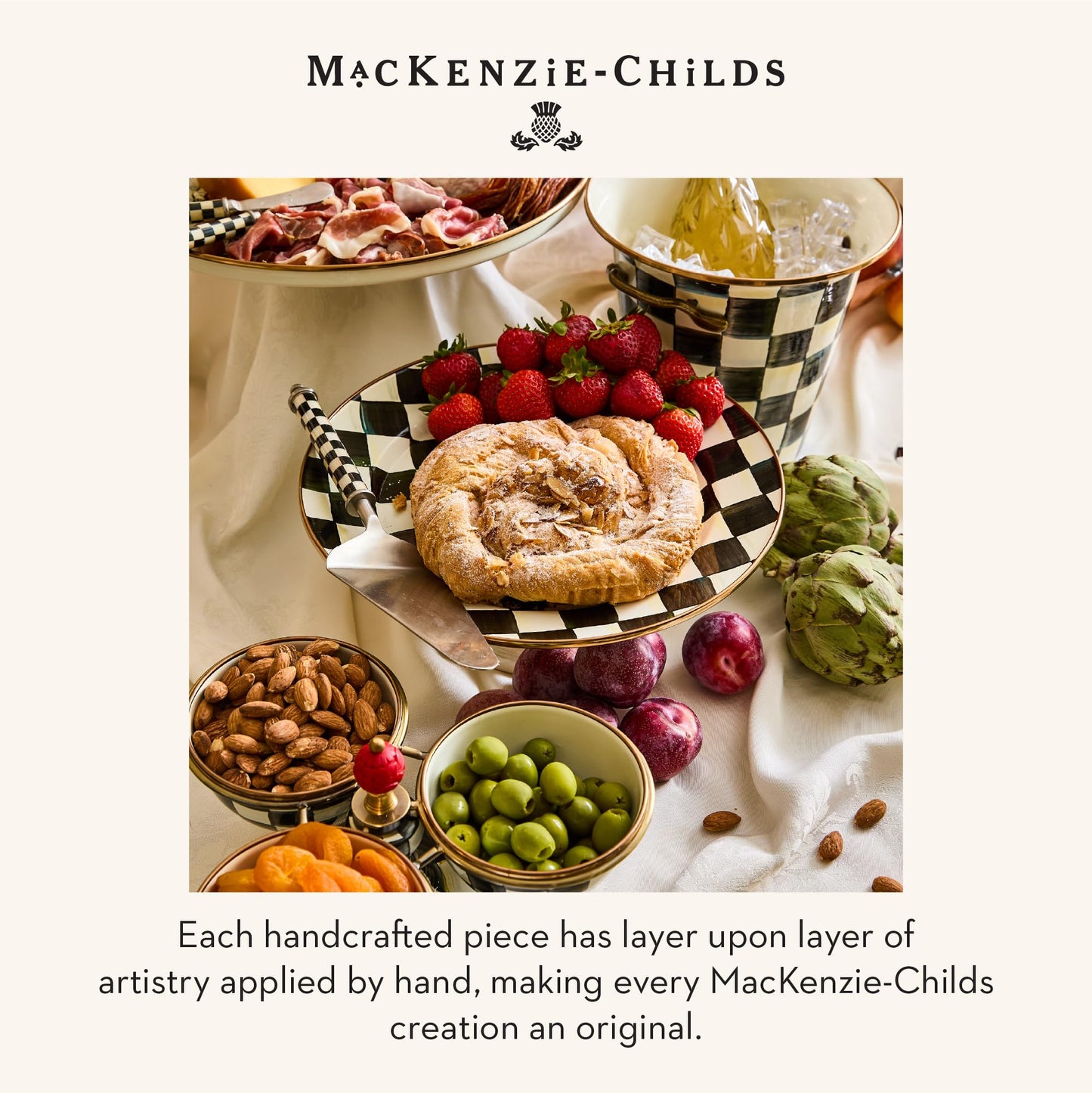 Mackenzie-Childs Supper Club Pie Server, Stainless-Steel Kitchen Pie Cutter, Serving Tool for Dessert, Black-and-White Courtly Check