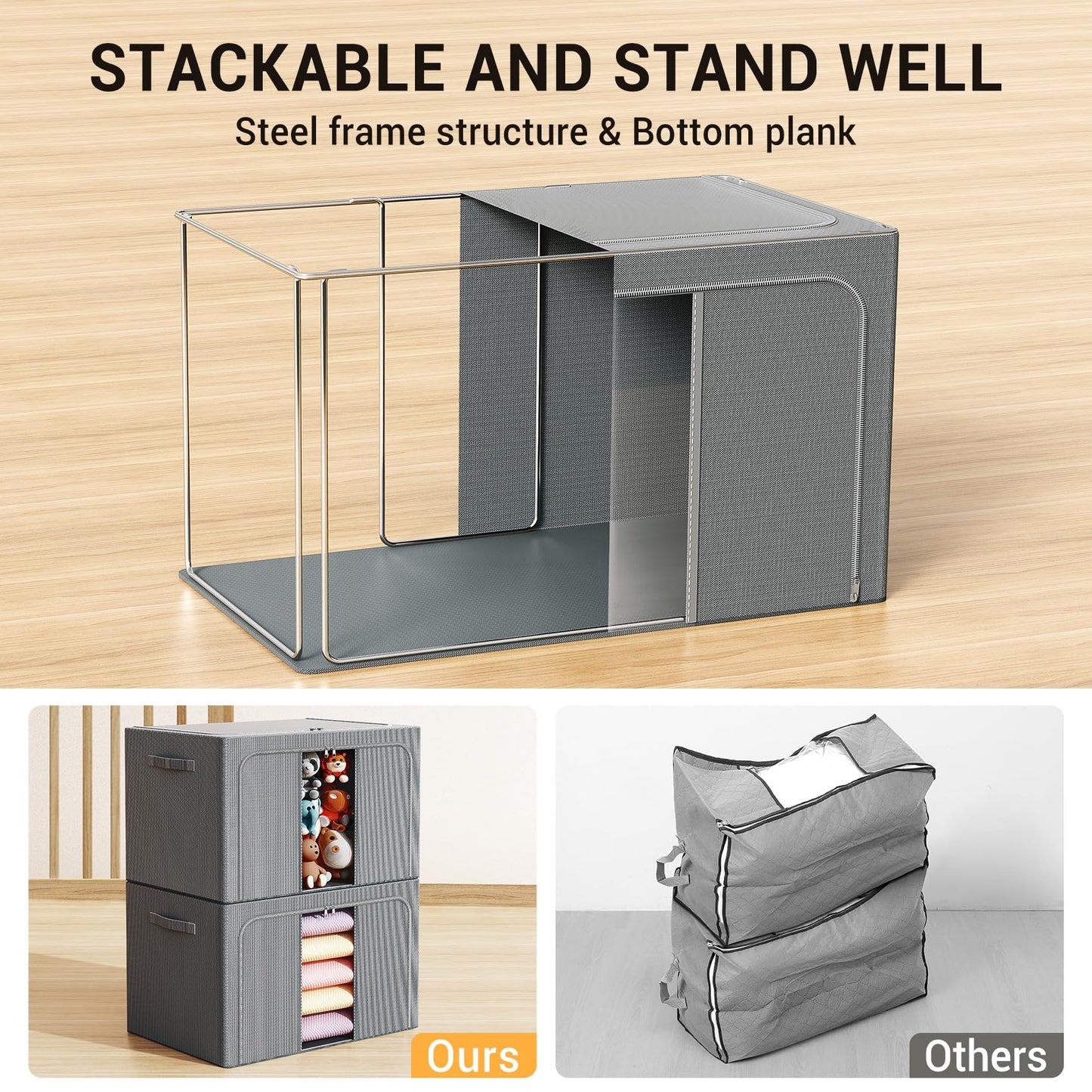 LeArex Clothes Storage Bins with Metal Frame, Foldable Clothes Organizers Storage Containers for Clothes, Sheets, Blankets, Pillows and Towels (100L, 3 Pack, Deep Grey)