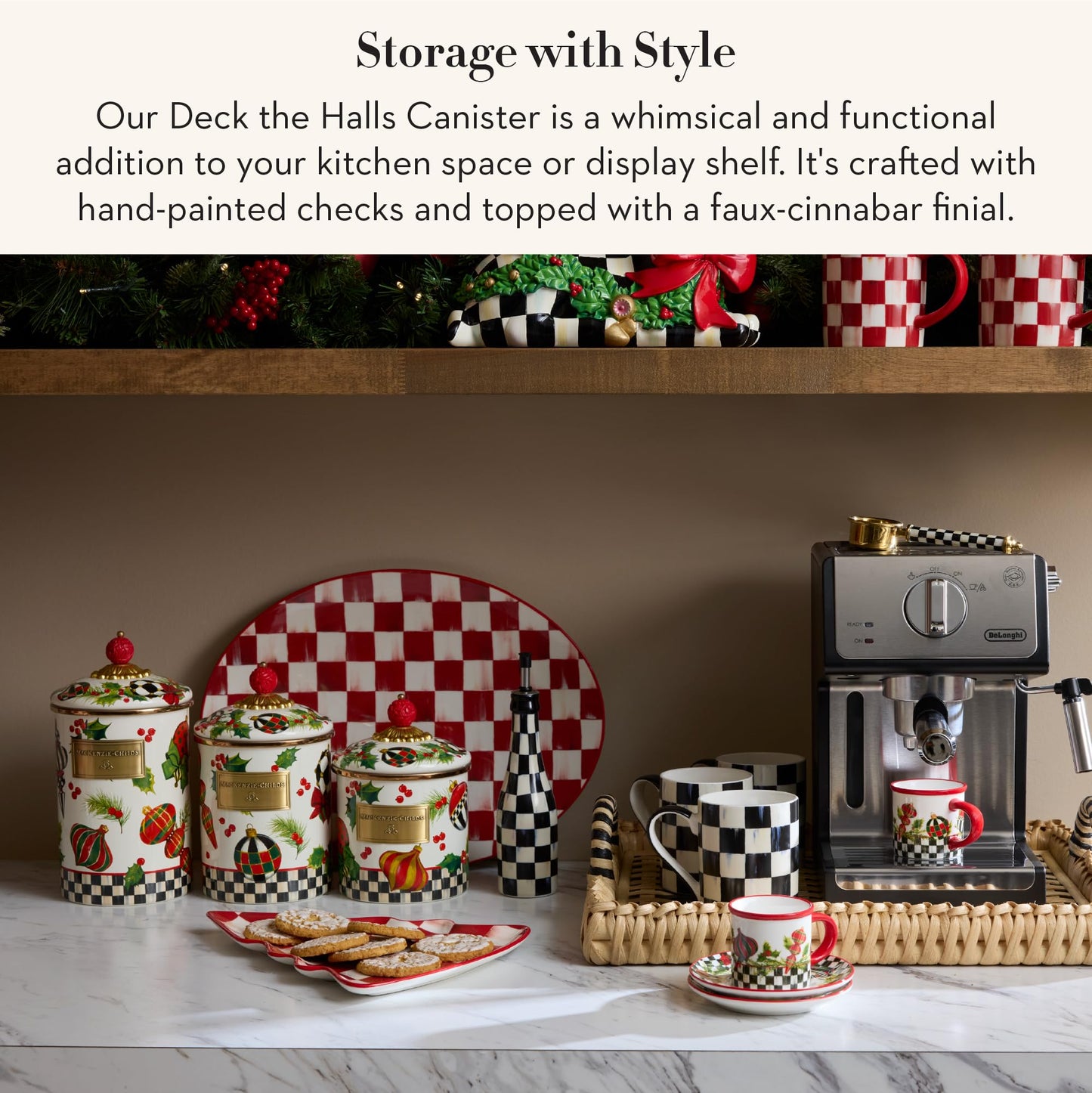 MACKENZIE-CHILDS Enamel Canister, Kitchen Storage Container with Lid, Large, Deck the Halls