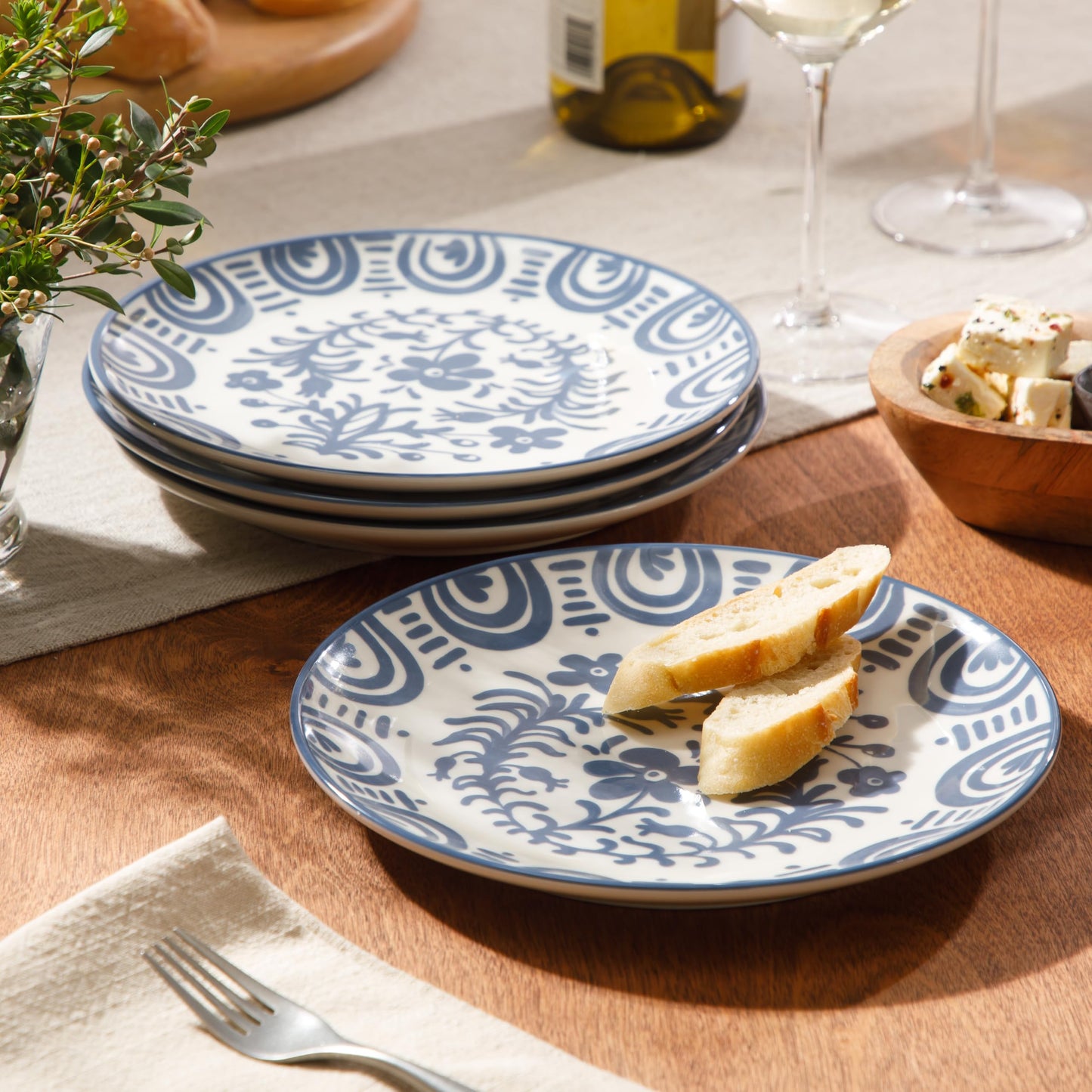 Bloomhouse - 2-Time Oprah’s Favorite Things - Valencia Flor 4 Piece Dessert & Salad Plate Set, 8.75” Stoneware Plates, Mediterranean Floral Decal Design, Microwave & Dishwasher Safe, Iris Blue