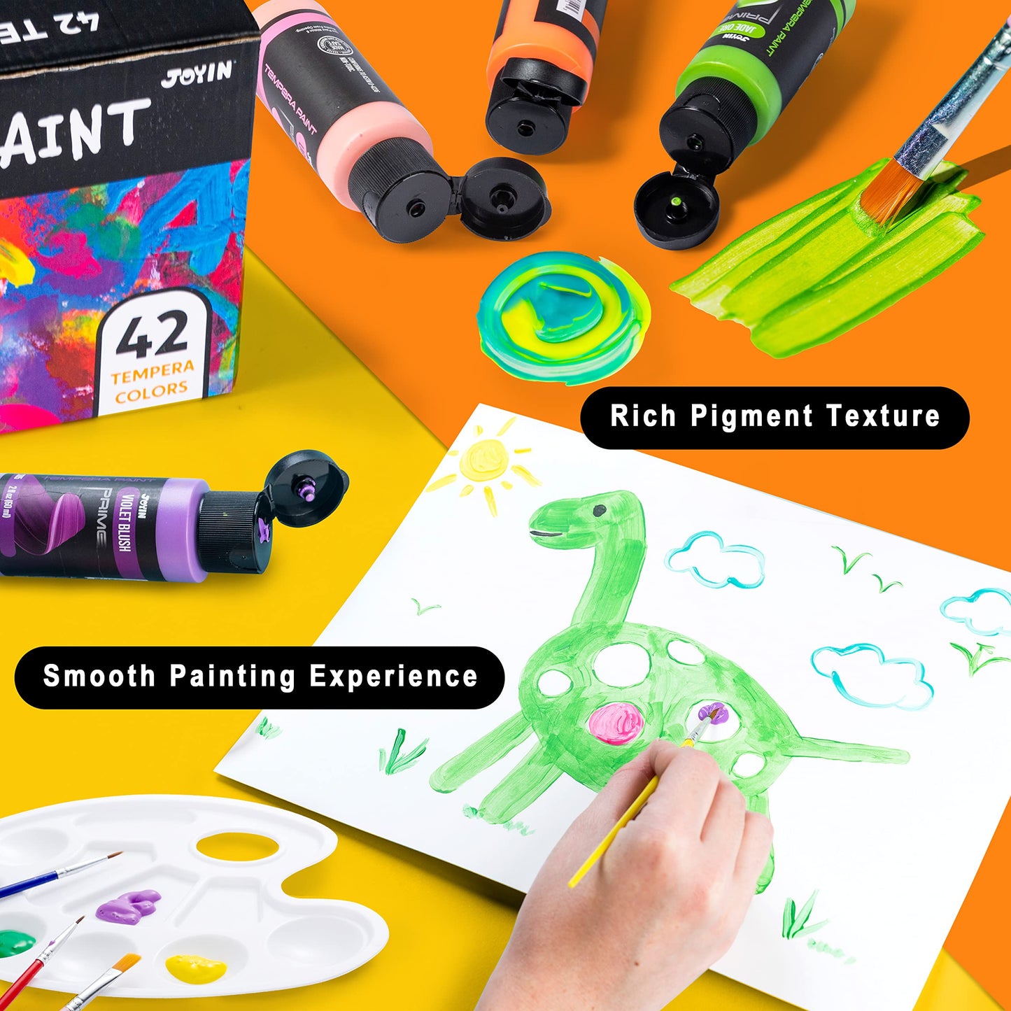 JOYIN Washable Paint for Kids 42PCS - Non-Toxic Kids Paint - Tempera Paint Set (2 oz Each), Liquid Paint with 15 Brushes and 4 Palettes - Paint for Kids for Arts and Crafts Project, Finger Painting