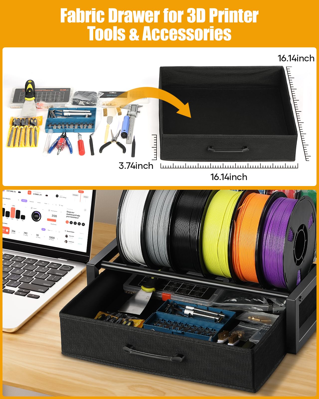 2-Tier Desktop Filament Storage Rack with Fabric Drawer - 3D Printer Filament Spools Holder Shelf for PLA/ABS/TPU Filaments, Tabletop Organizer for Home Office, Workshop Studio (Black Double Row)