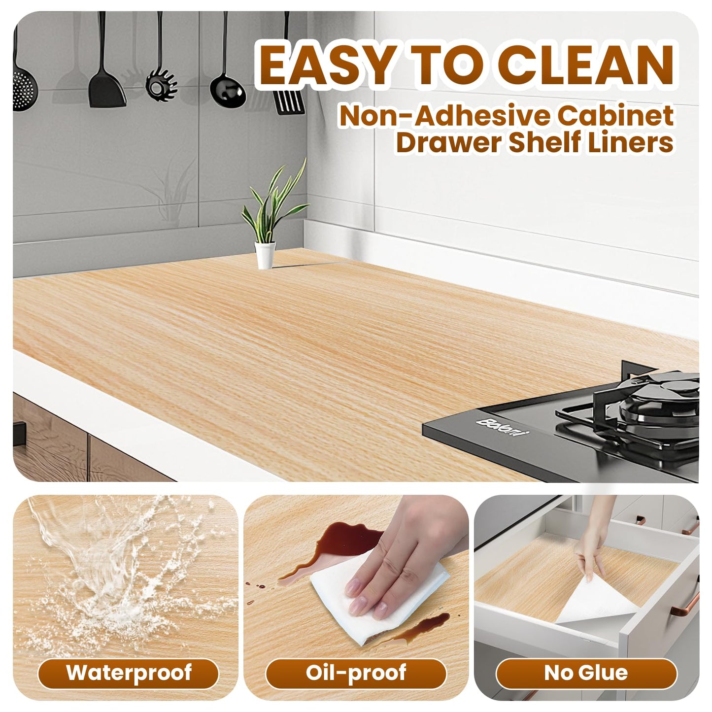 Drawer Shelf Liner for Kitchen Cabinets Non-Adhesive, Non Slip Shelf Paper Waterproof Thickened Cabinet Liners for Shelves, Strong Grip Mats for Cupboard, Dresser, Pantry, Beige, 17.5 in x 30 FT